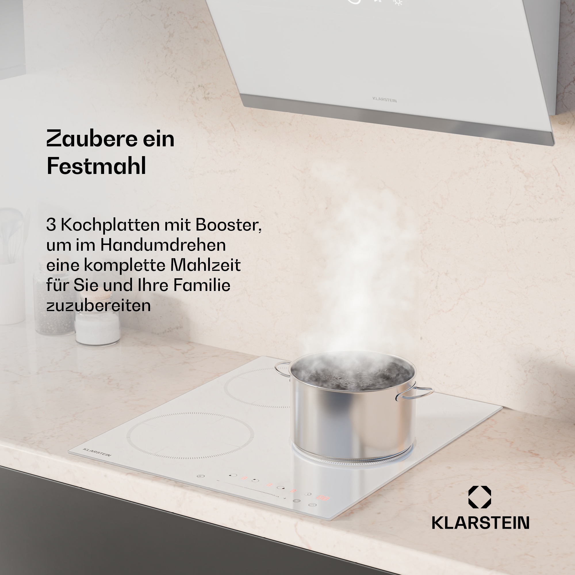Ein Induktionskochfeld mit drei Kochzonen. Ein Topf kocht auf dem Kochfeld, mit Text.