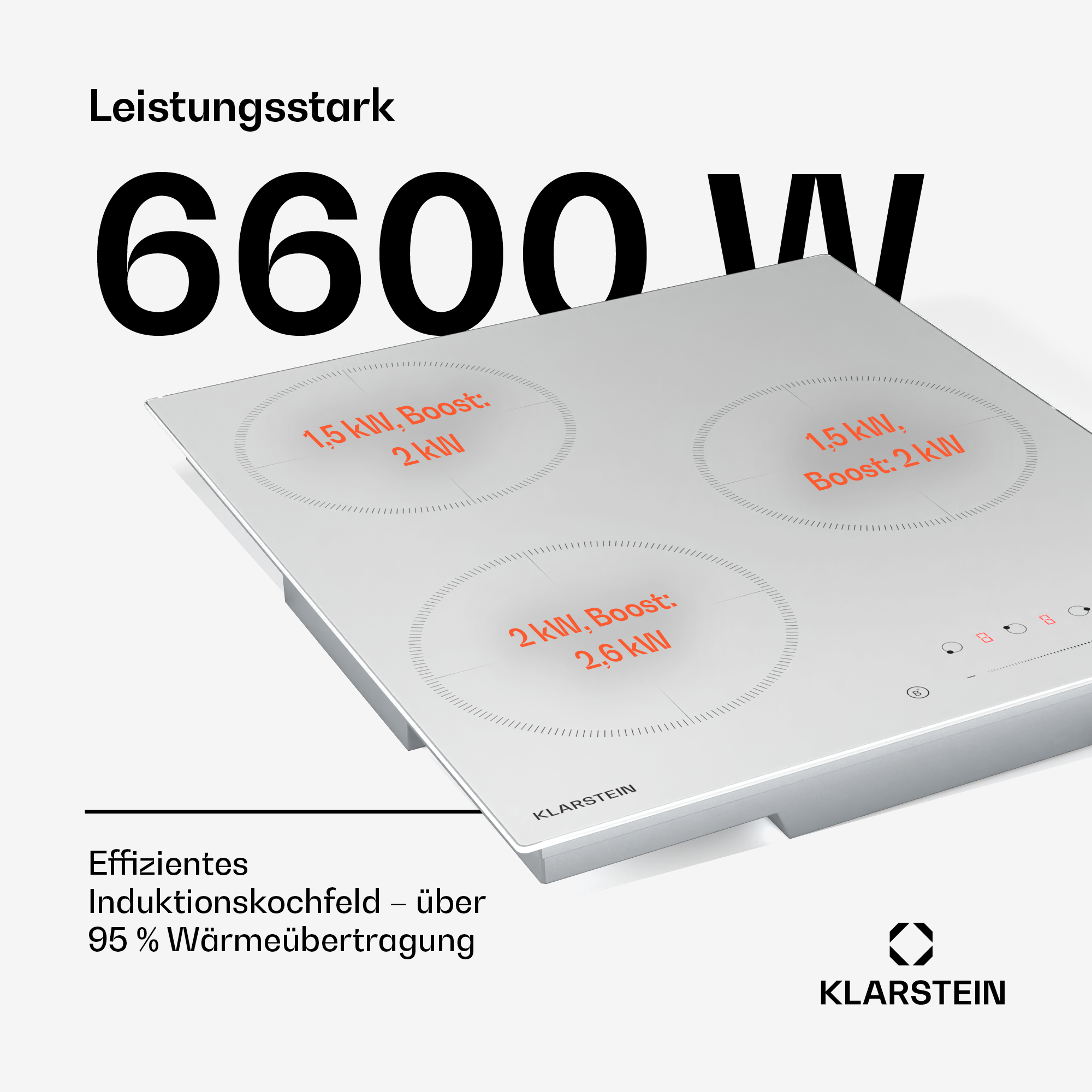 Ein weißes Induktionskochfeld mit drei Kochzonen. Text über die Leistung ist vorhanden.