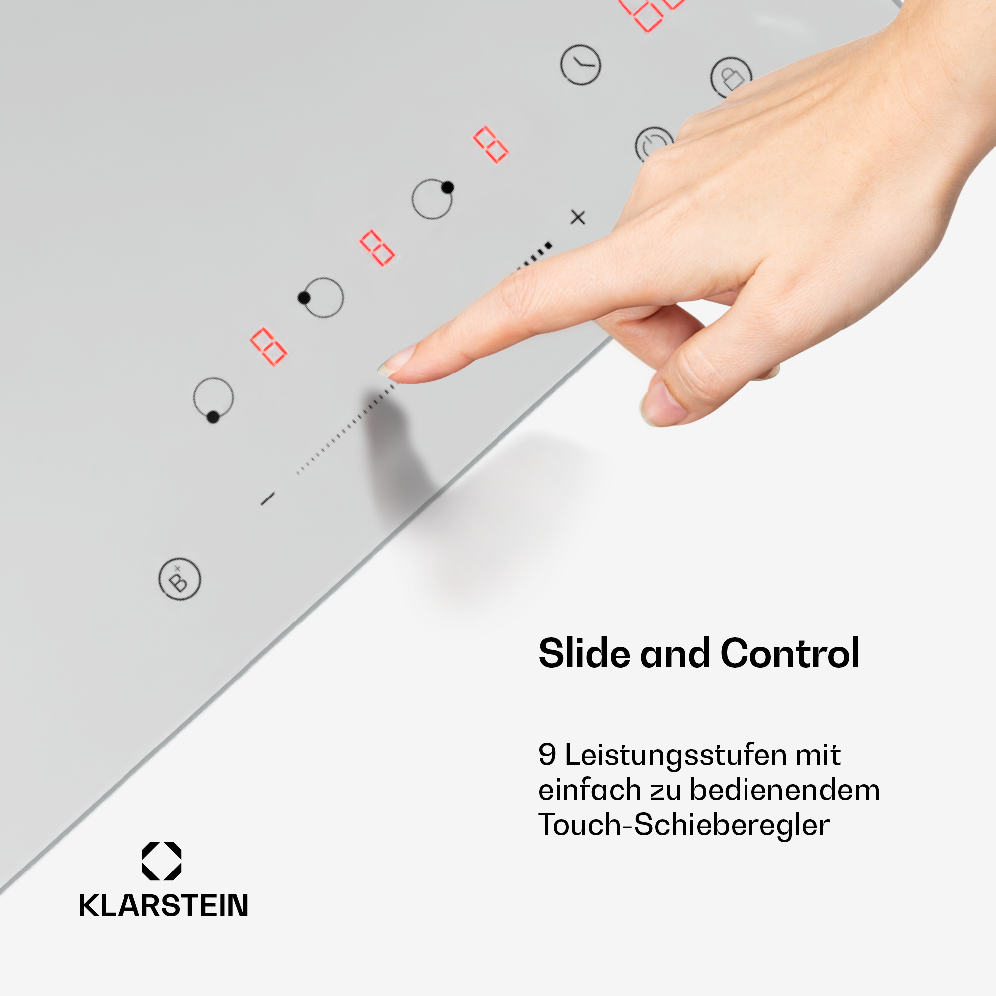 Ein Finger berührt ein Glasherd-Bedienfeld. Der Text lautet 'Slide and Control' und beschreibt Funktionen.