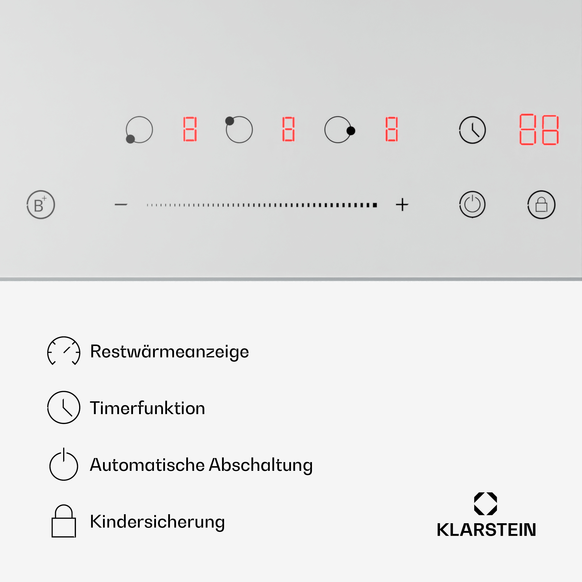 Nahaufnahme eines weißen Herdbedienfelds mit Digitalanzeigen und Touch-Bedienelementen, einschließlich Leistungs- und Timerfunktionen.
