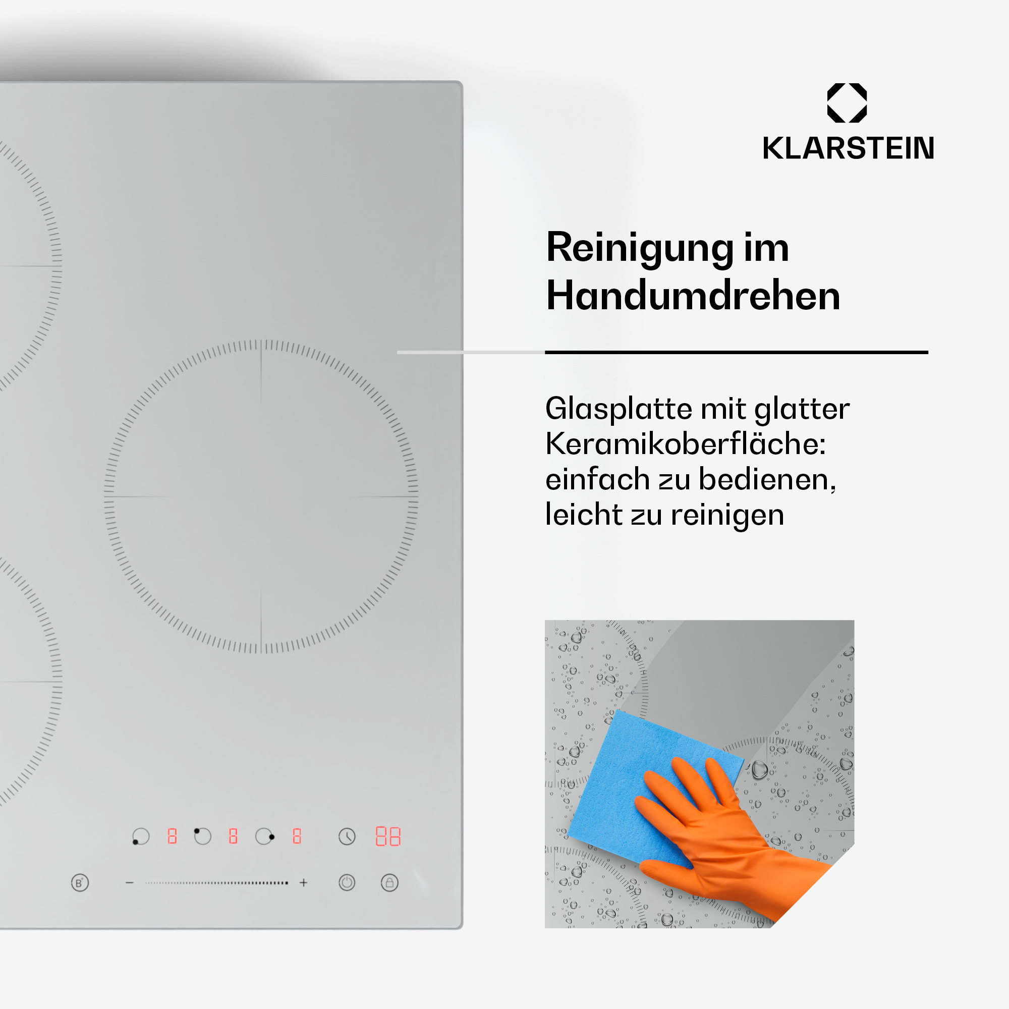 Ein weißes Glaskochfeld wird gezeigt, mit einer Hand, die es reinigt. Text wirbt für einfache Reinigung.