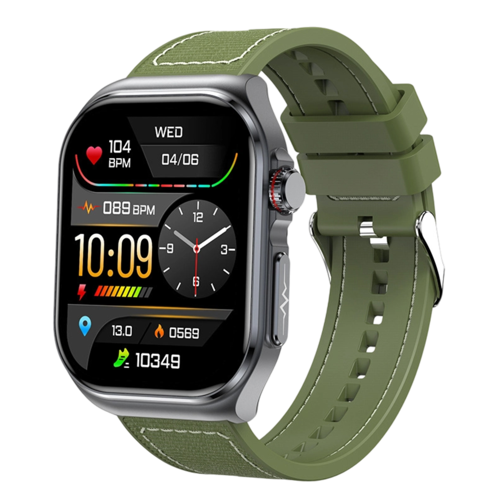 Eine Smartwatch mit grünem Armband zeigt Gesundheitsmetriken wie Herzfrequenz und Datum an. Das Zifferblatt ist digital.
