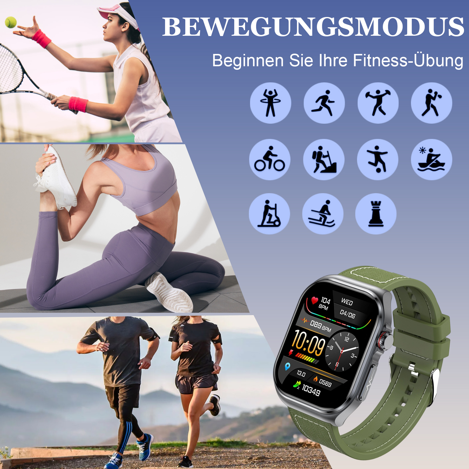 Das Bild zeigt Menschen, die mit einer Smartwatch trainieren, die Trainingsmodi anzeigt. Die Uhr hat ein grünes Armband.