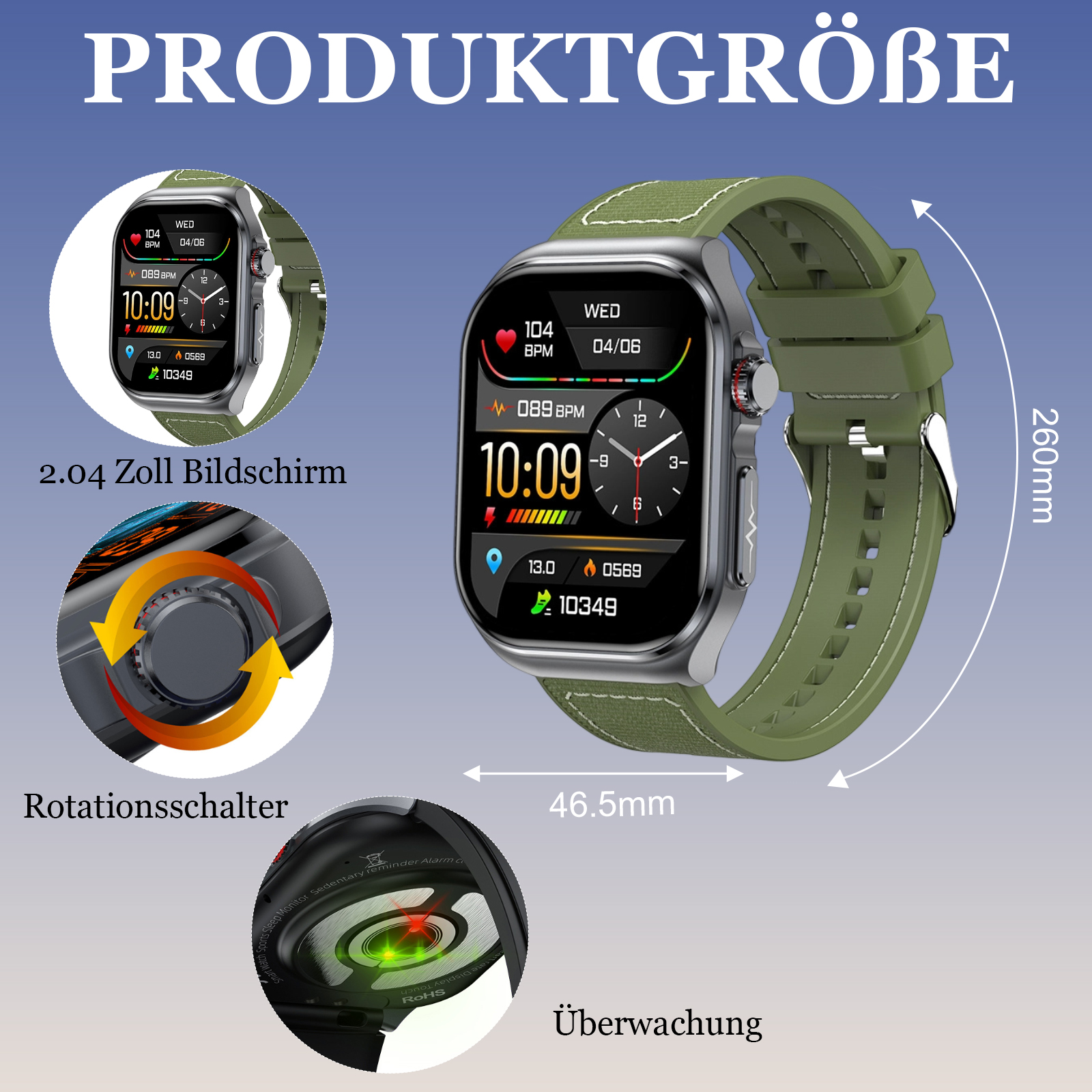 Ein Bild, das eine Smartwatch mit grünem Armband zeigt. Es zeigt Zeit- und Gesundheitsmetriken, mit Nahaufnahmen.