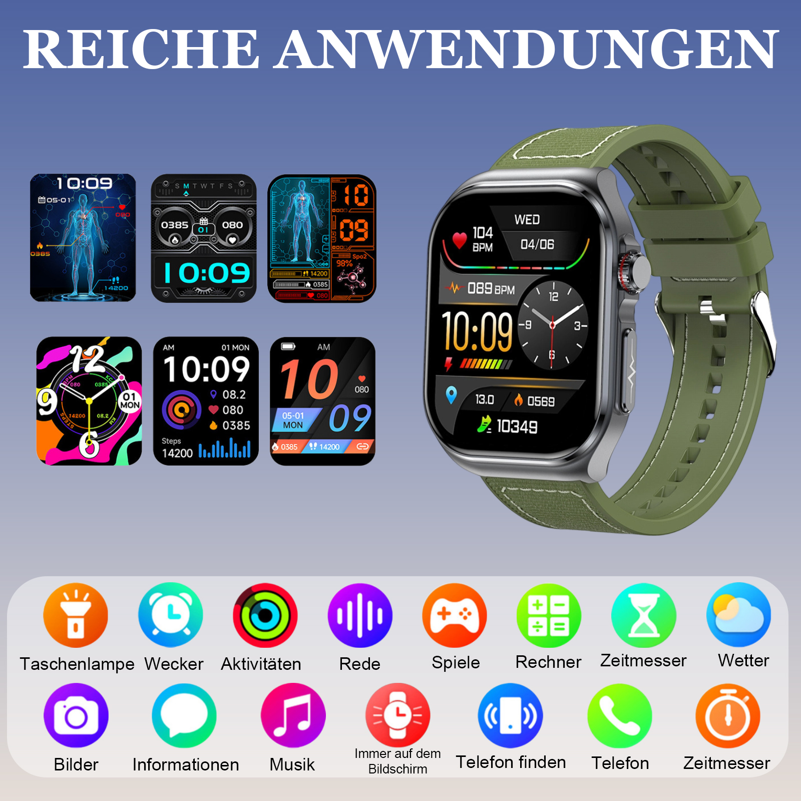 Eine Smartwatch zeigt verschiedene Gesundheitsdaten und App-Symbole an. Die Uhr hat ein grünes Armband. Der Text ist auf Deutsch.