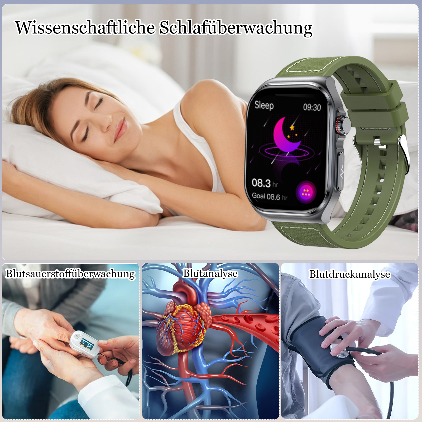 Eine schlafende Person mit einer Smartwatch, die Schlafkennzahlen anzeigt. Medizinische Bilder zeigen Blutsauerstoff- und Druckanalyse.