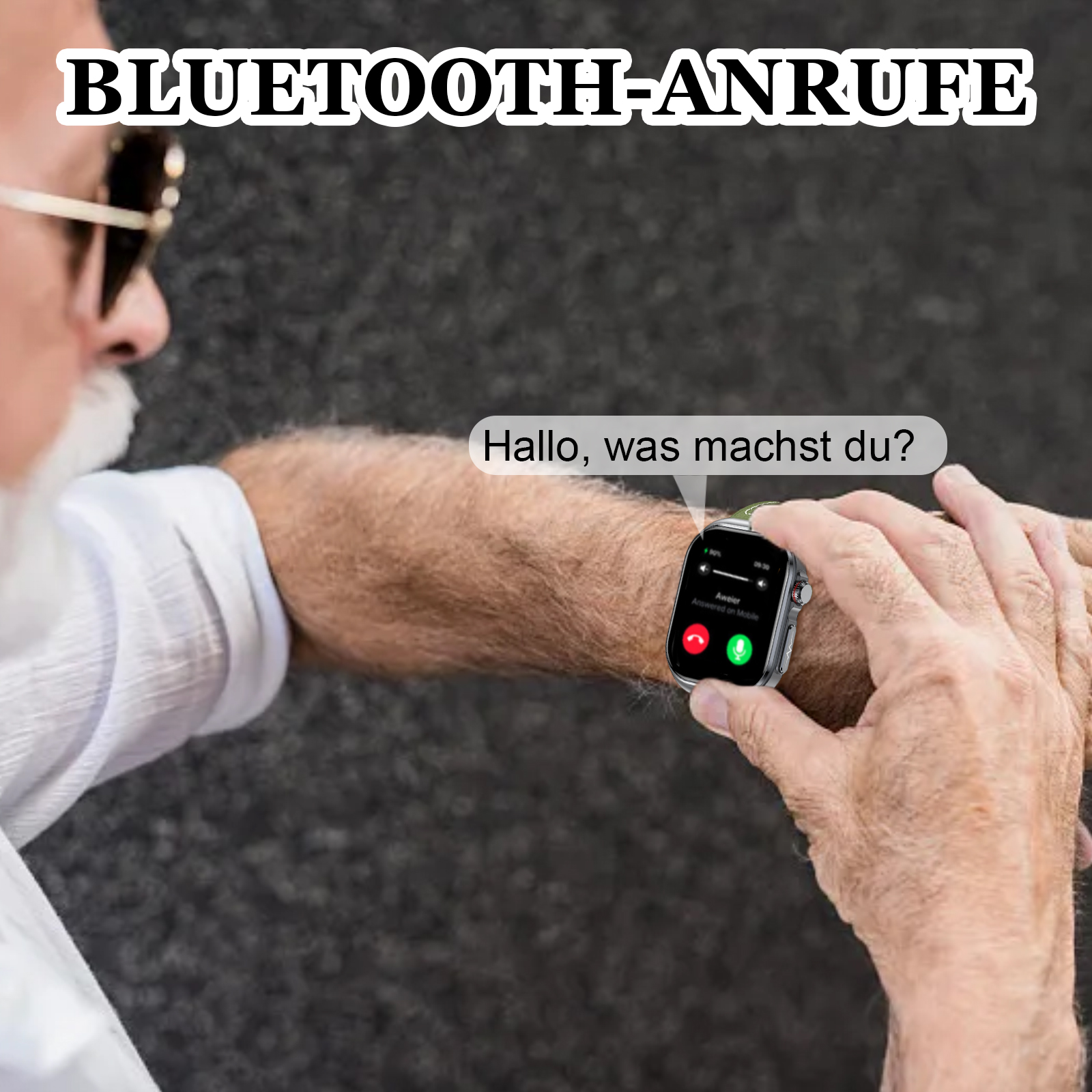 Eine Person hält eine Smartwatch mit grünem Armband. Die Uhr zeigt einen Anrufbildschirm mit der Frage: Hallo, was machst du?