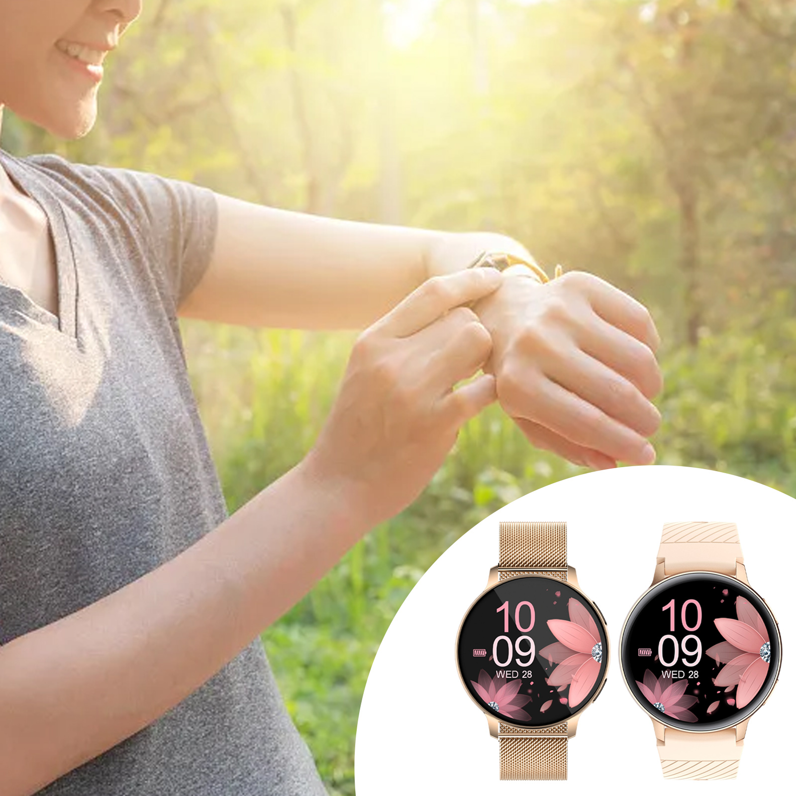 Frau, die eine goldene Smartwatch an ihrem Handgelenk überprüft, zwei Uhren werden gezeigt. Grüner Hintergrund.