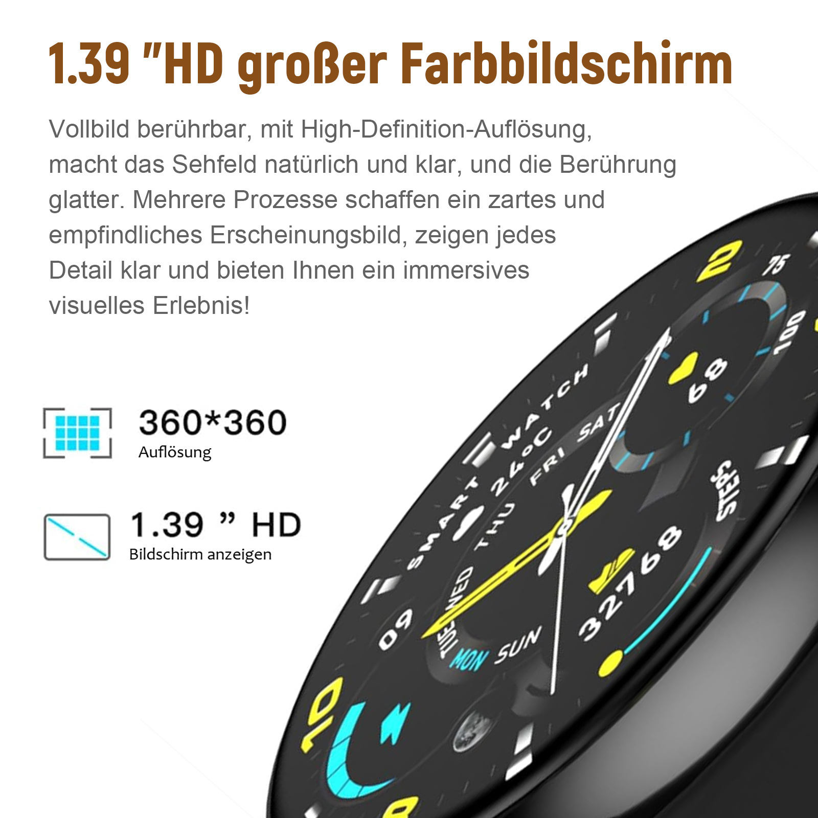 Smartwatch mit schwarzem Zifferblatt. Zeigt Zeit und Gesundheitsdaten an. Der Hintergrund ist unscharf.