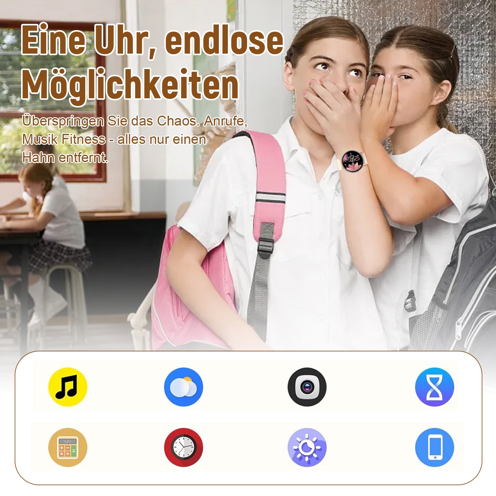 Zwei Mädchen flüstern, eines trägt eine Uhr. Symbole für Musik, Wolke, Kamera und andere werden unten gezeigt.