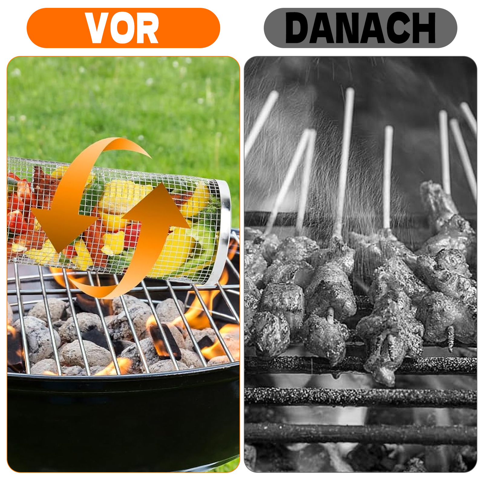 Bild zeigt einen Grill. Links ist der Grill mit Gemüse beladen. Rechts gegrillte Spieße.