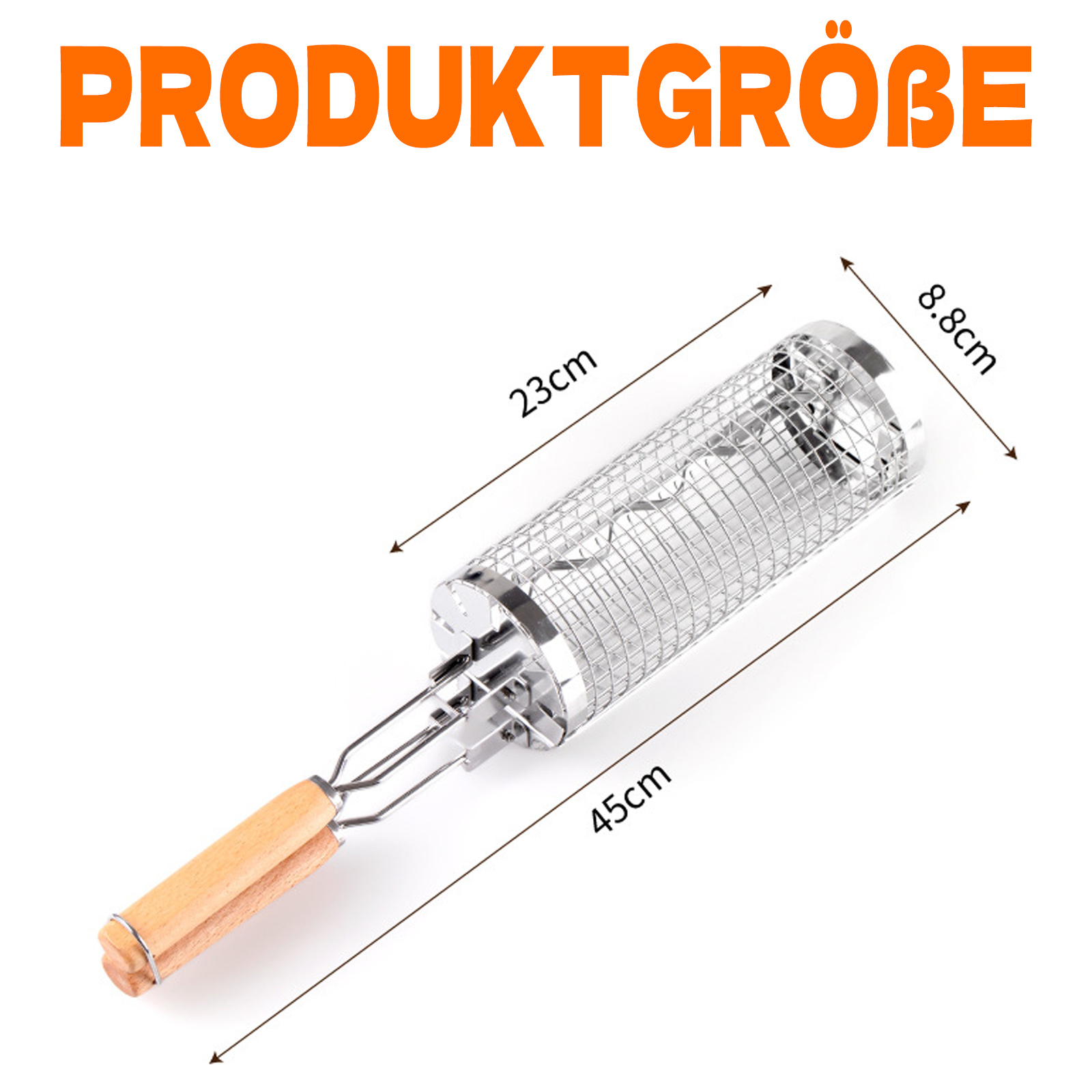 Bild zeigt die Abmessungen eines Grillkorbs. Er ist 45 cm lang und 23 cm breit.