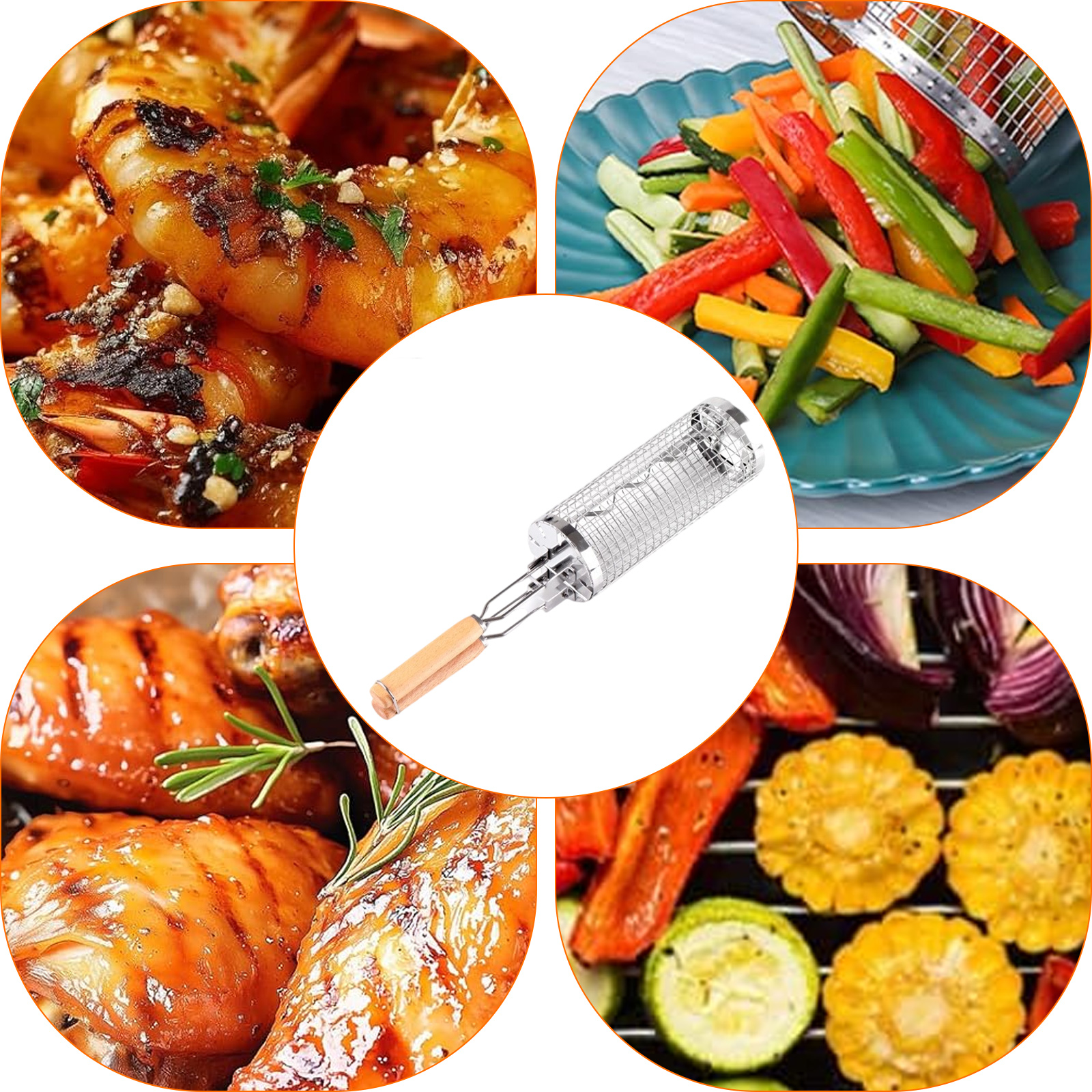 Bild von gegrilltem Essen. Es gibt gegrillte Garnelen, Hühnchen, Gemüse und Maiskolben.
