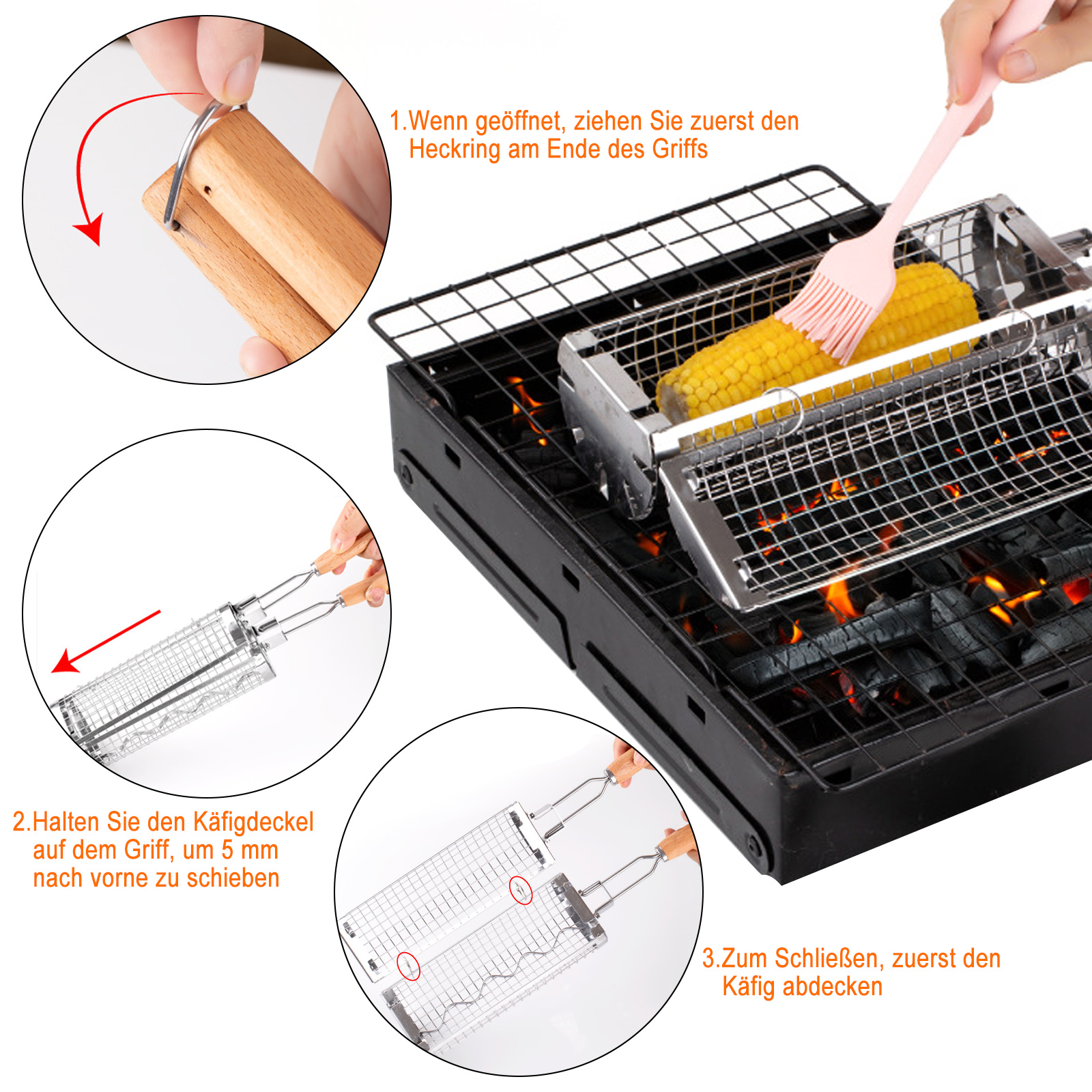 Schritt-für-Schritt-Anleitung zum Grillen von Mais. Enthält einen Grill, Mais und Werkzeuge zur Handhabung.