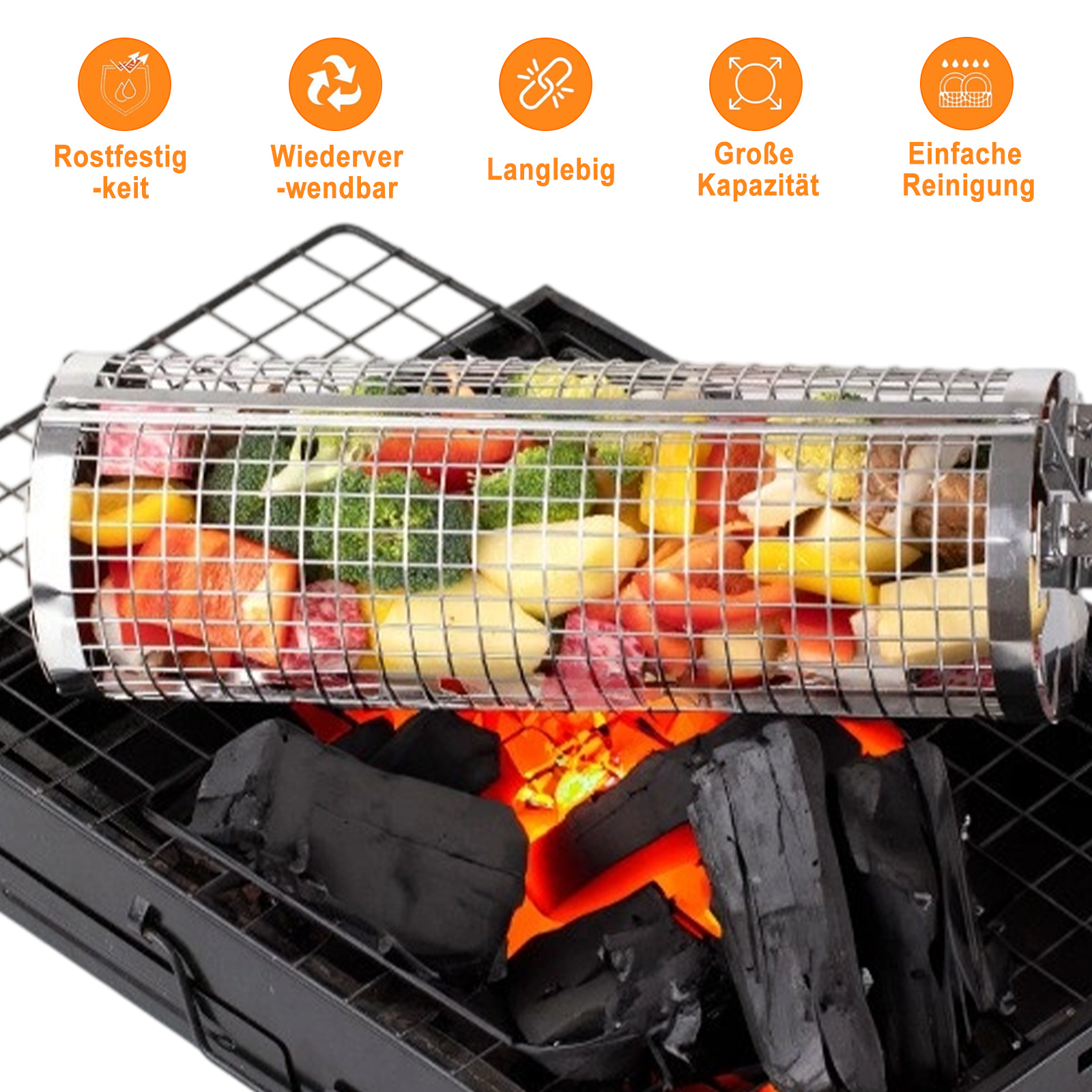 Grill mit Gemüse. Der Grill ist mit gemischtem Gemüse beladen und liegt über heißer Holzkohle.