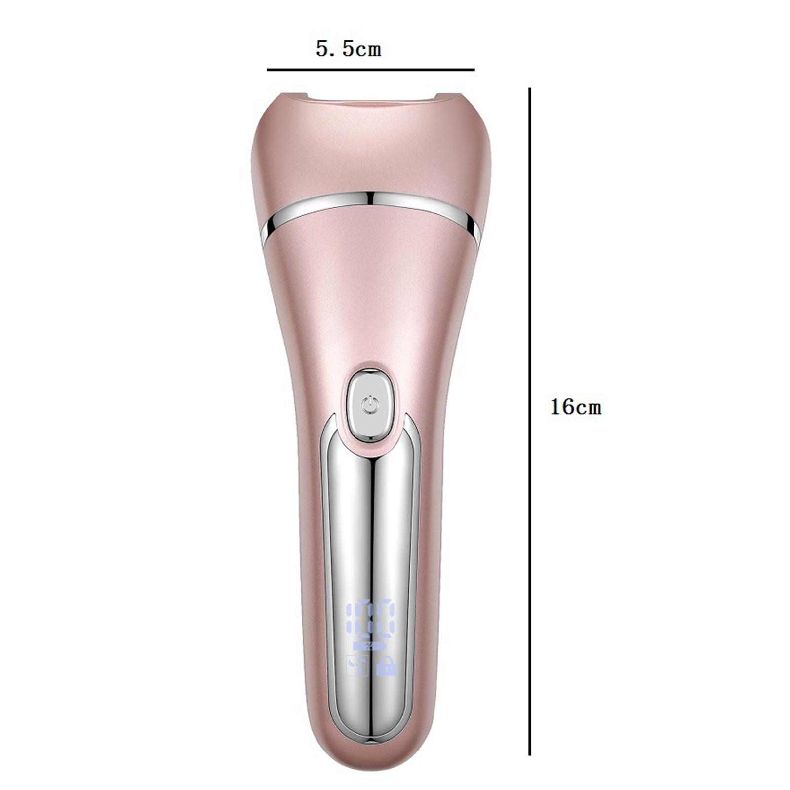 Ein roségoldfarbener Elektrorasierer mit schlankem Design. Er ist 16 cm lang und 5,5 cm breit, mit einem LCD-Bildschirm.