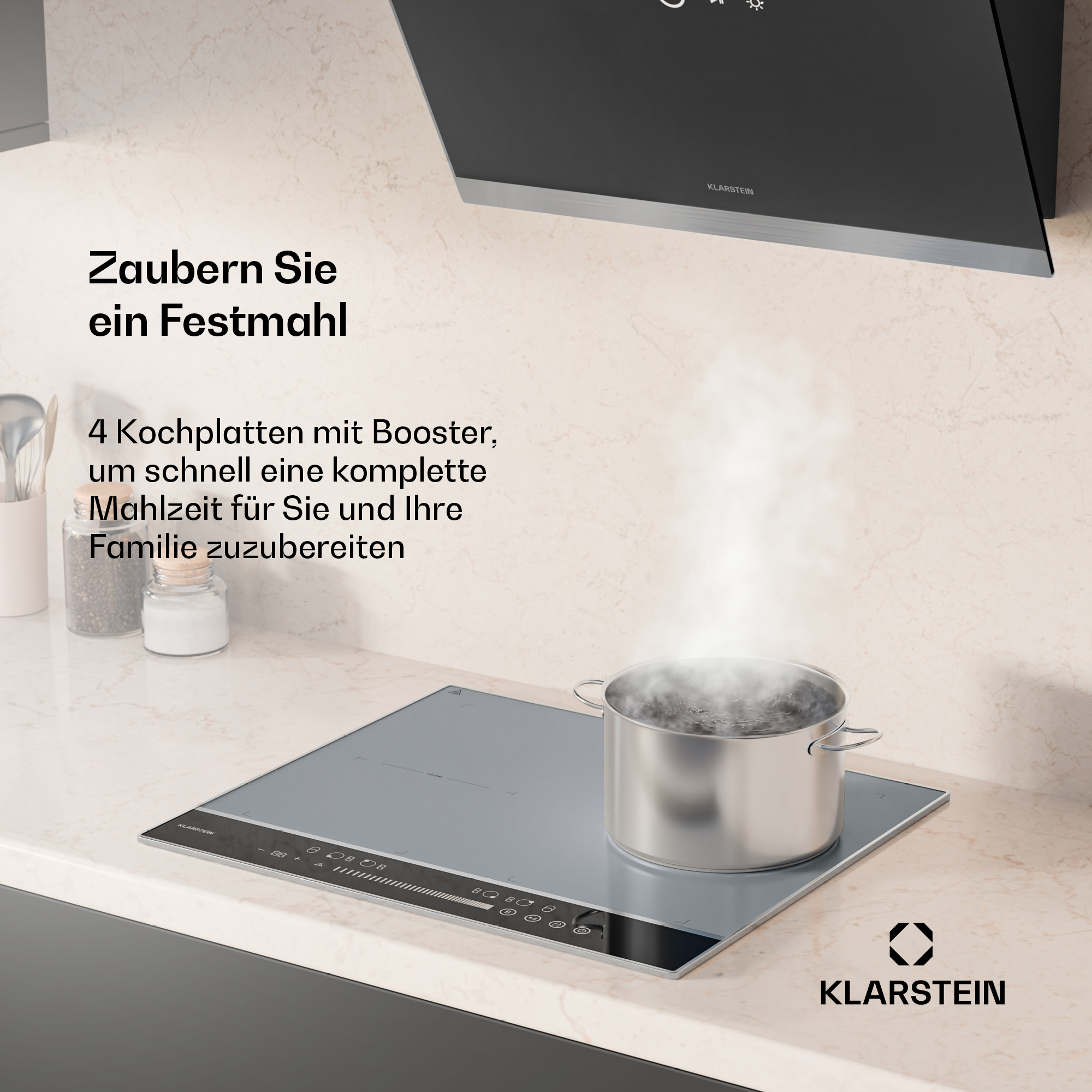 Ein Induktionskochfeld mit einem Topf darauf. Text erwähnt schnelles Kochen für die Familie und die Marke Klarstein.