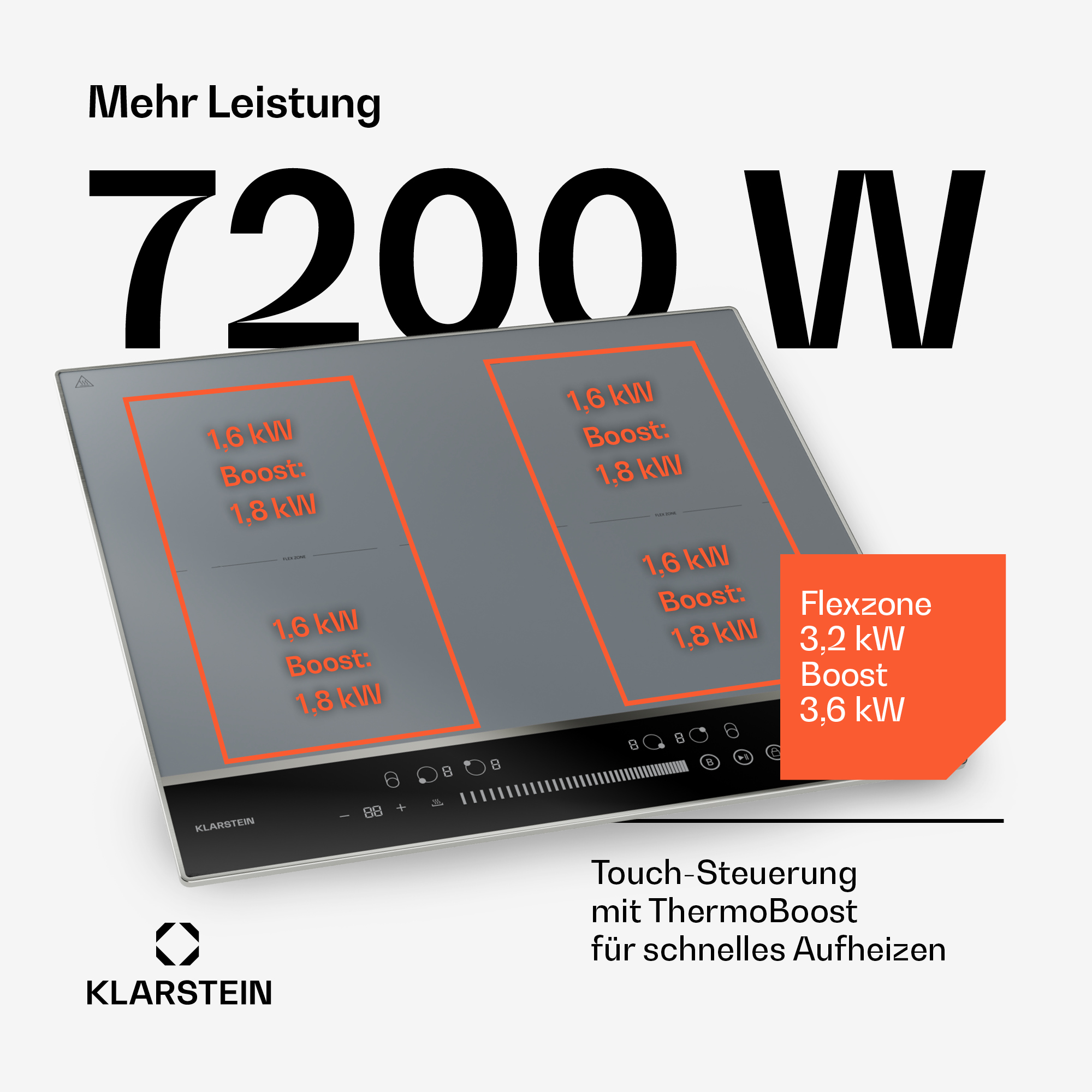 Ein graues Induktionskochfeld mit Text über Leistung und Boost-Einstellungen. Die Marke Klarstein ist in der Ecke.
