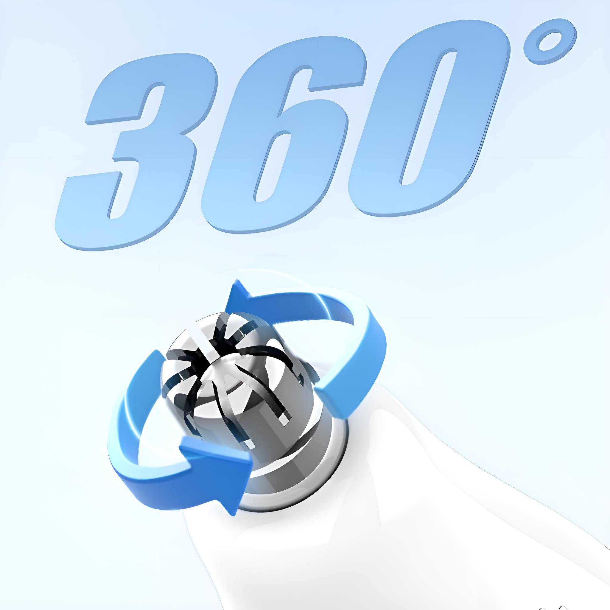Eine Nahaufnahme eines Rasiererkopfes mit Pfeilen, die eine 360-Grad-Drehung anzeigen. Der Hintergrund ist hellblau.