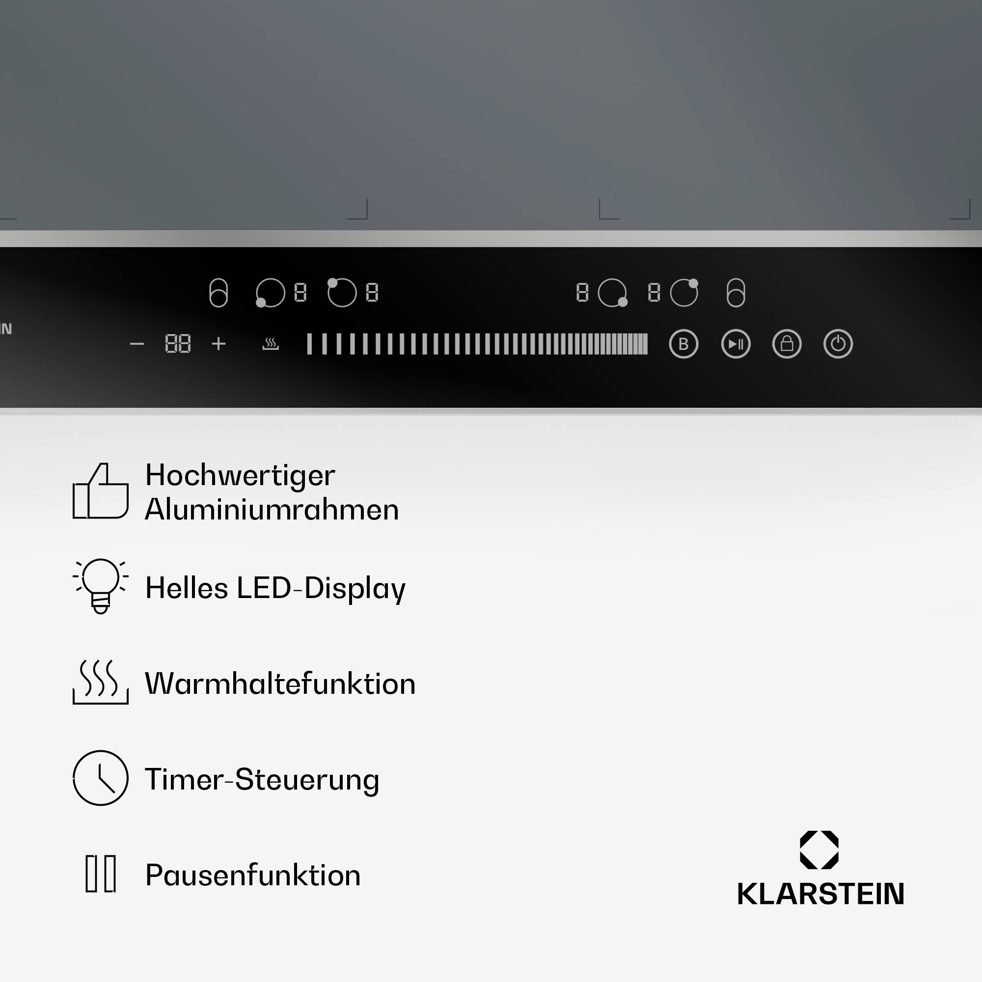 Das Kochfeld-Bedienfeld mit Symbolen und Text zu Qualität, LED-Anzeige, Warmhaltefunktion, Timer und Pause.