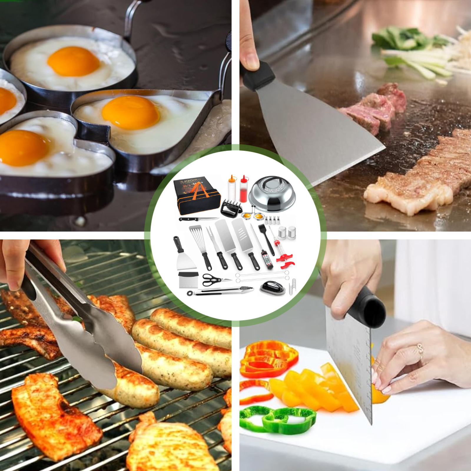 Das Bild zeigt einen Grill mit Kochutensilien, Eiern und Fleisch. Zangen halten das Essen. Eier in herzförmigen Ringen.