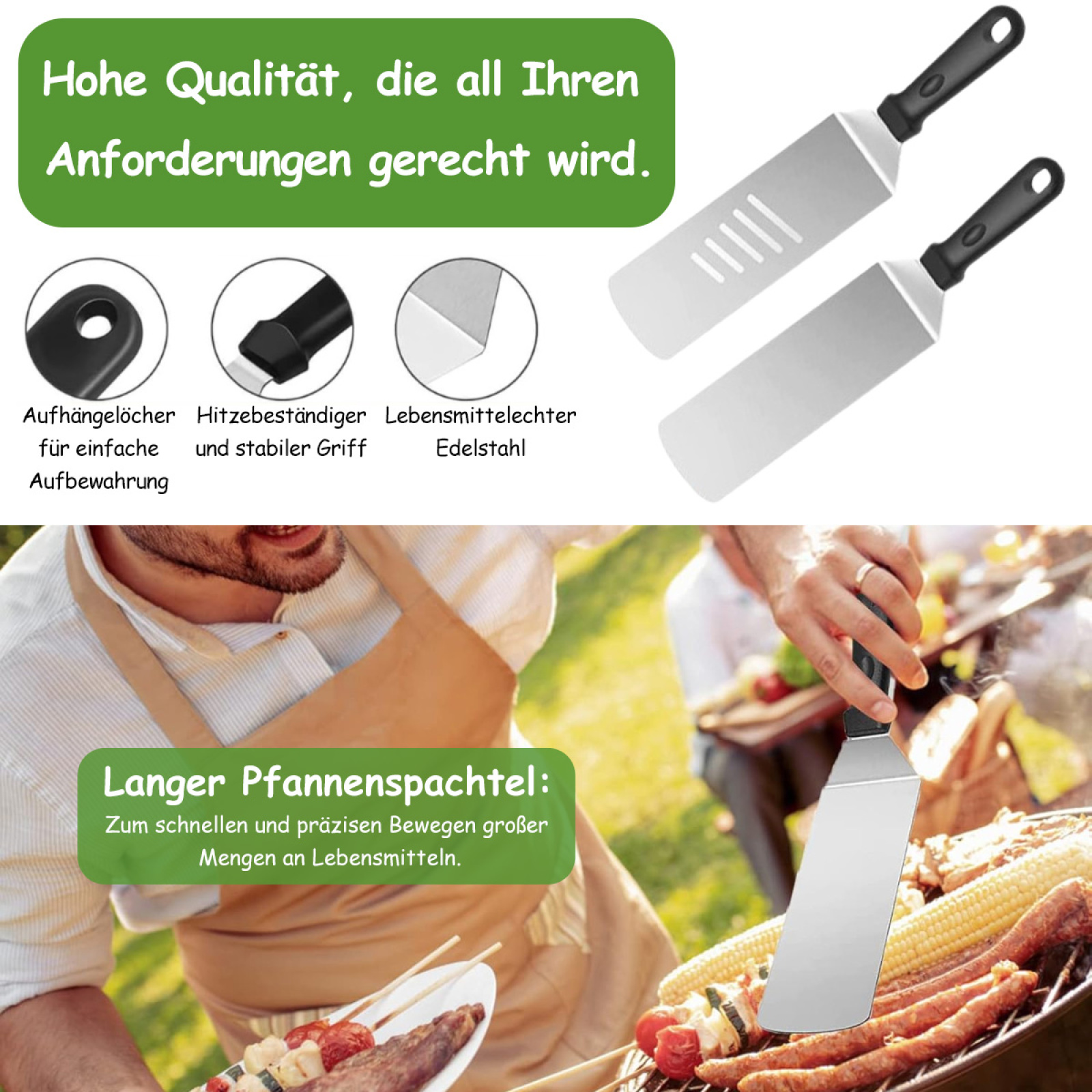 Nahaufnahme von zwei Metallspateln, eine in Gebrauch. Text: 'Langer Pfannenspatel: Für schnelle und präzise Bewegungen...'
