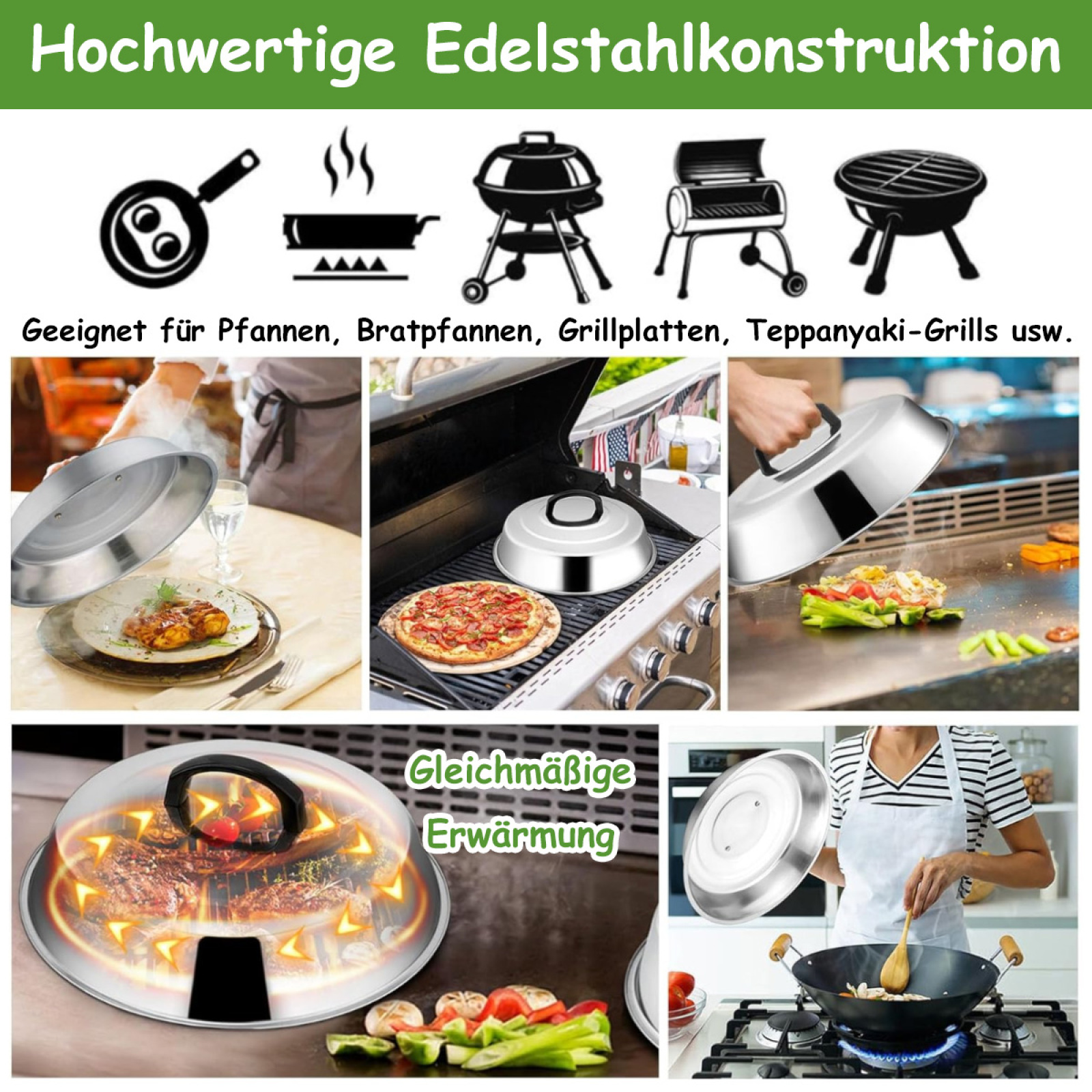 Verschiedene Bilder von Kochutensilien und Speisen. Enthält Bilder von Grills und Kochen unter einer Haube.