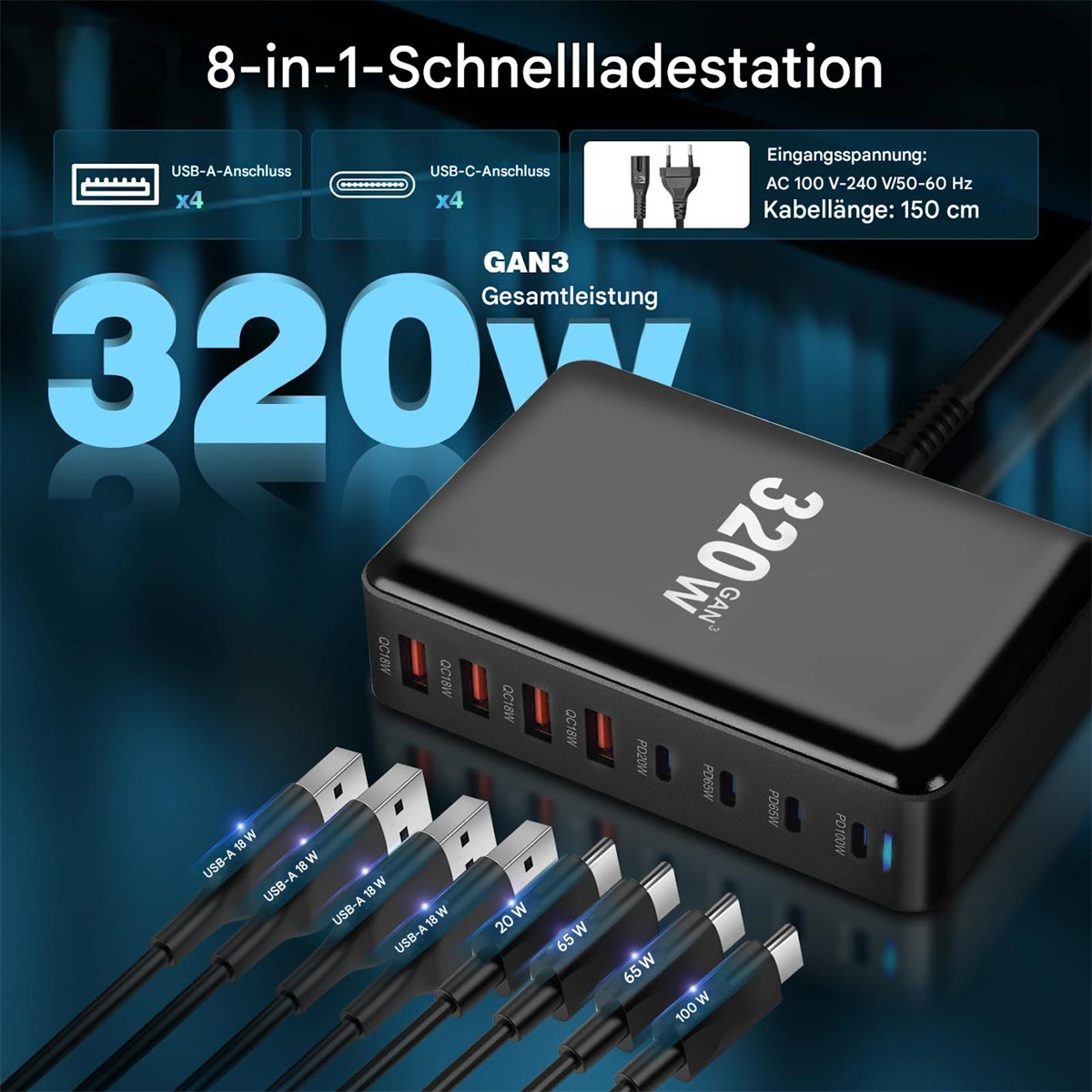 Eine Ladestation mit mehreren Anschlüssen und Kabeln. Sie hat ein schwarzes Gehäuse mit der Aufschrift '320W' und verschiedenen Ladeanschlüssen.