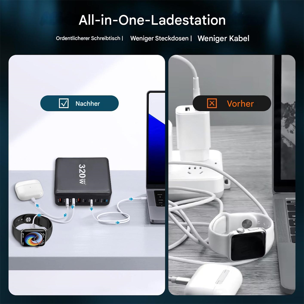 Bild zeigt eine Ladestation mit mehreren angeschlossenen Geräten und den Text: 'All-in-One-Ladestation'.