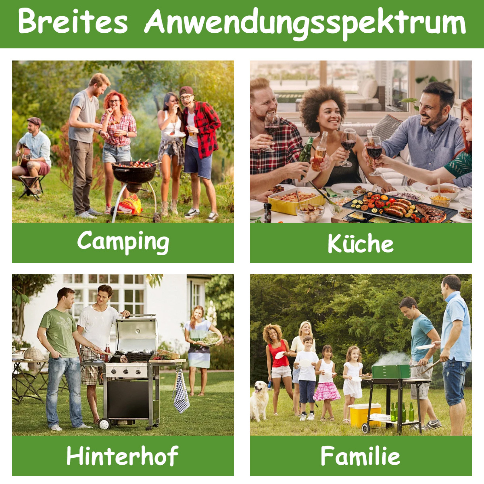 Vier Szenen von Menschen, die BBQ genießen: Camping, Küche, Hinterhof und Familientreffen.