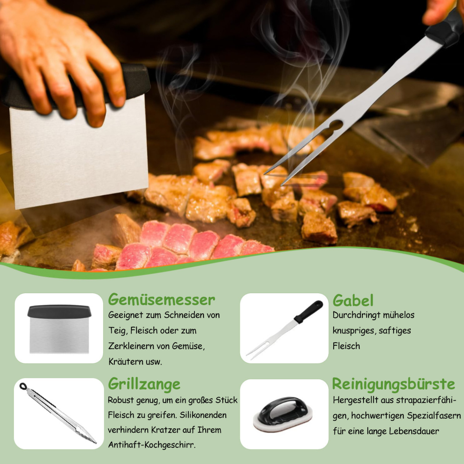 Eine Grillszene mit Essen auf einer heißen Oberfläche, Zangen und einem Spatel. Eine Hand hält einen Schaber.
