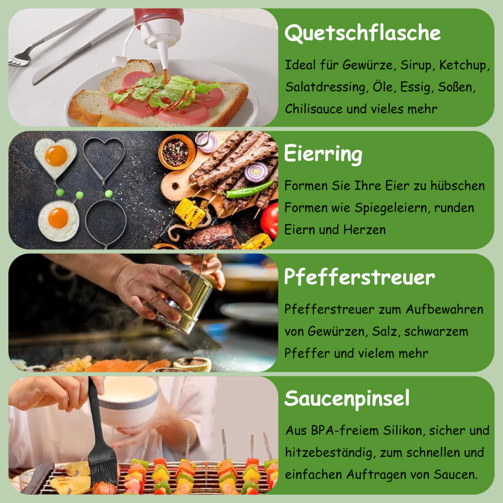 Ein Lebensmittelzubereitungsbild mit verschiedenen Werkzeugen und Zutaten: Quetschflasche, Eierringe, Pfefferstreuer, Pinsel.