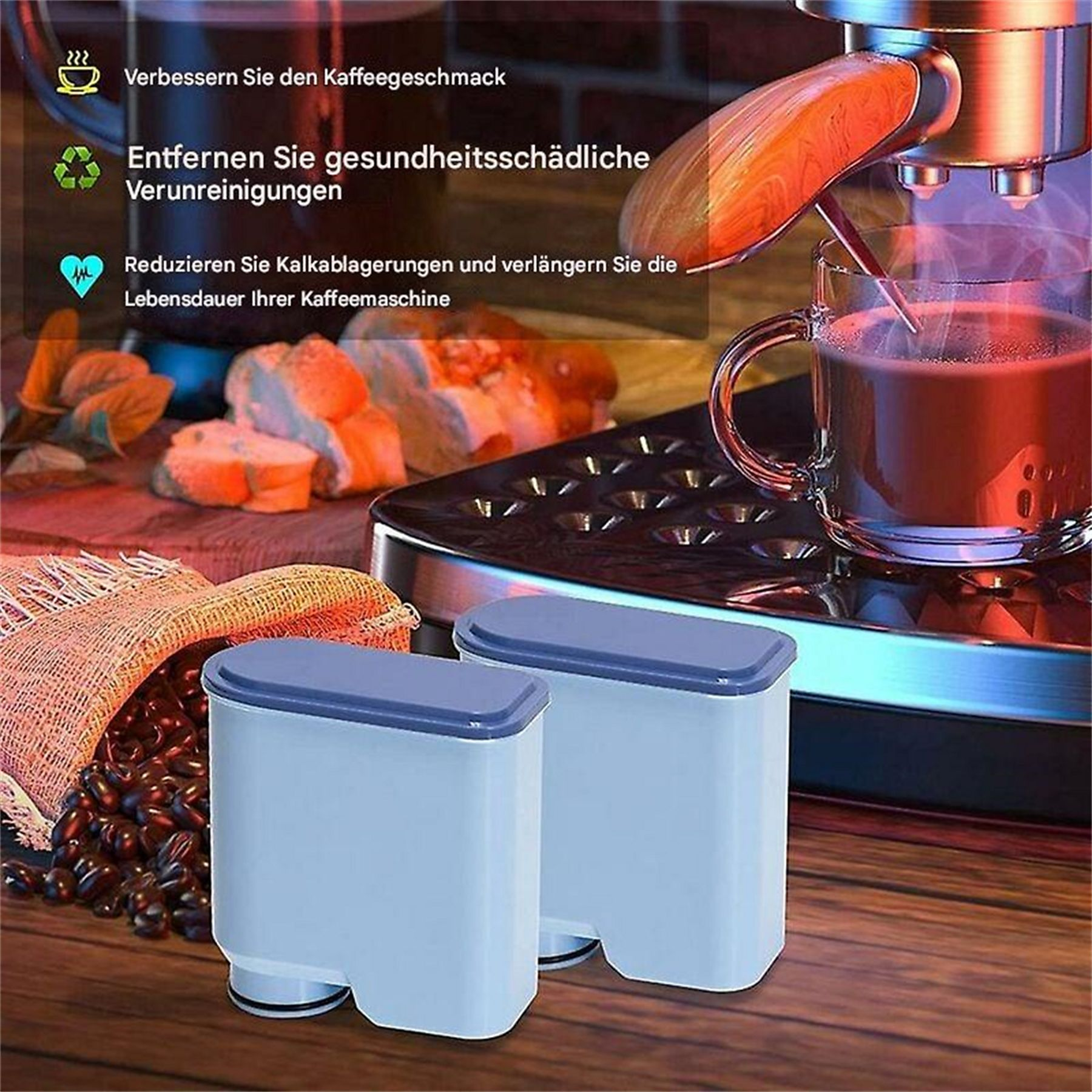 Kaffeemaschine mit Filtern und Kaffeebohnen, eine Tasse Kaffee ist sichtbar. Text: Verbessern Sie den Kaffeegeschmack, Entfernen Sie Verunreinigungen.