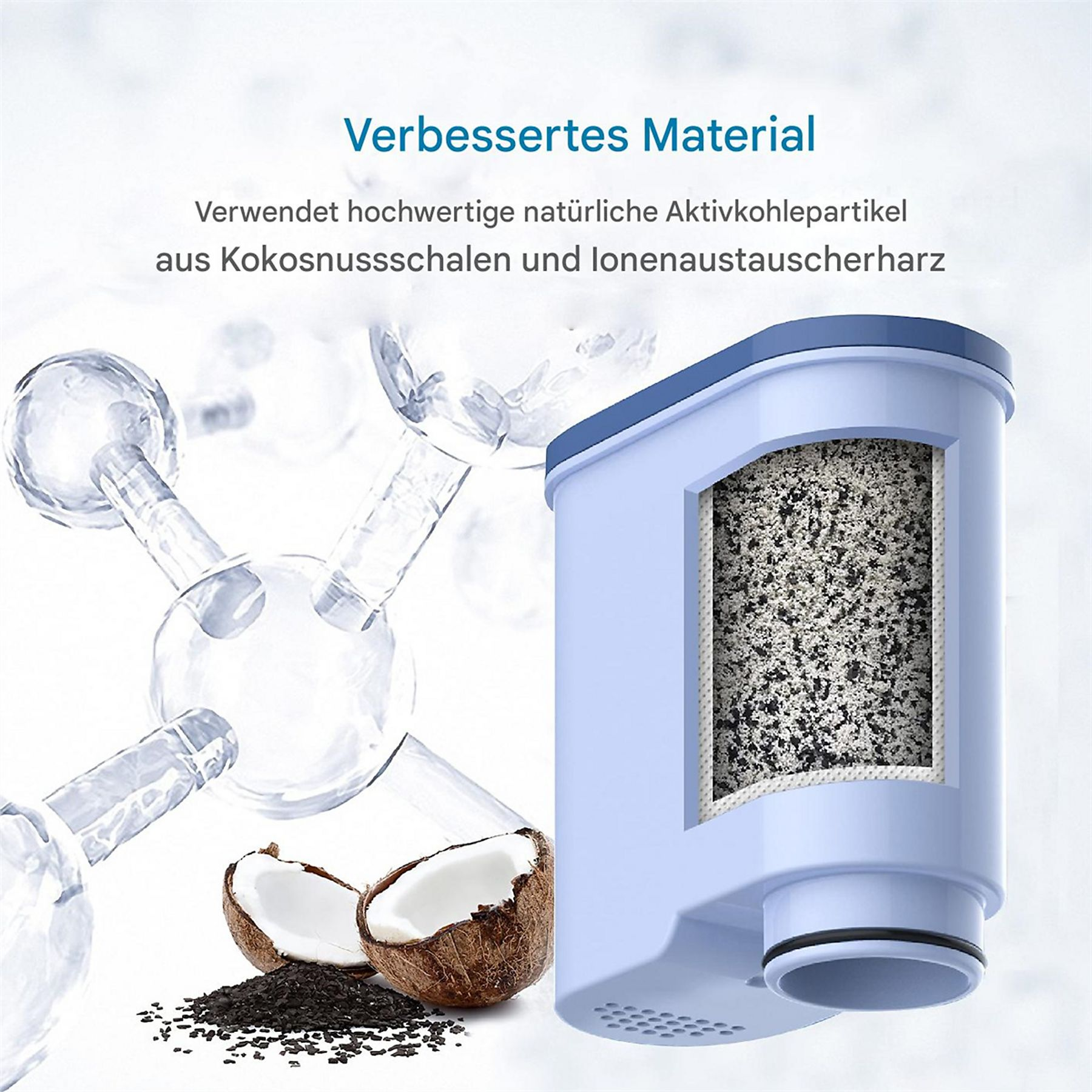 Ein Filter mit Kokosnussschalen und Kohlenstoffmaterial. Text: Verwendet hochwertige Aktivkohlepartikel aus Kokosnussschalen.