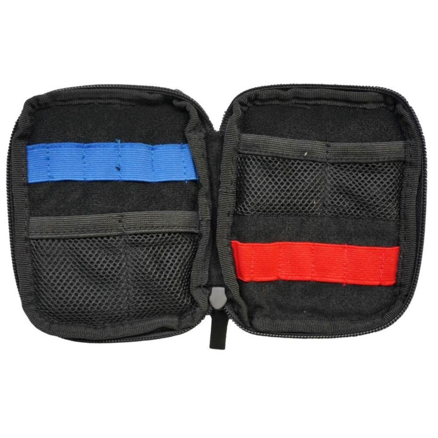 Schwarzes offenes Etui mit blauen und roten Gummibändern. Enthält Netztaschen, Reißverschlüsse und mehrere Fächer.
