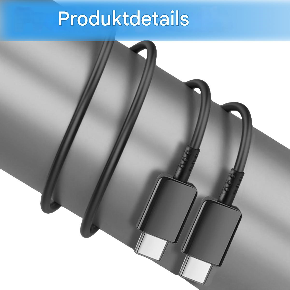 Schwarze USB-C-Kabel sind um ein graues Rohr gewickelt. Die Stecker haben schwarze Köpfe und weiße USB-C-Anschlüsse.