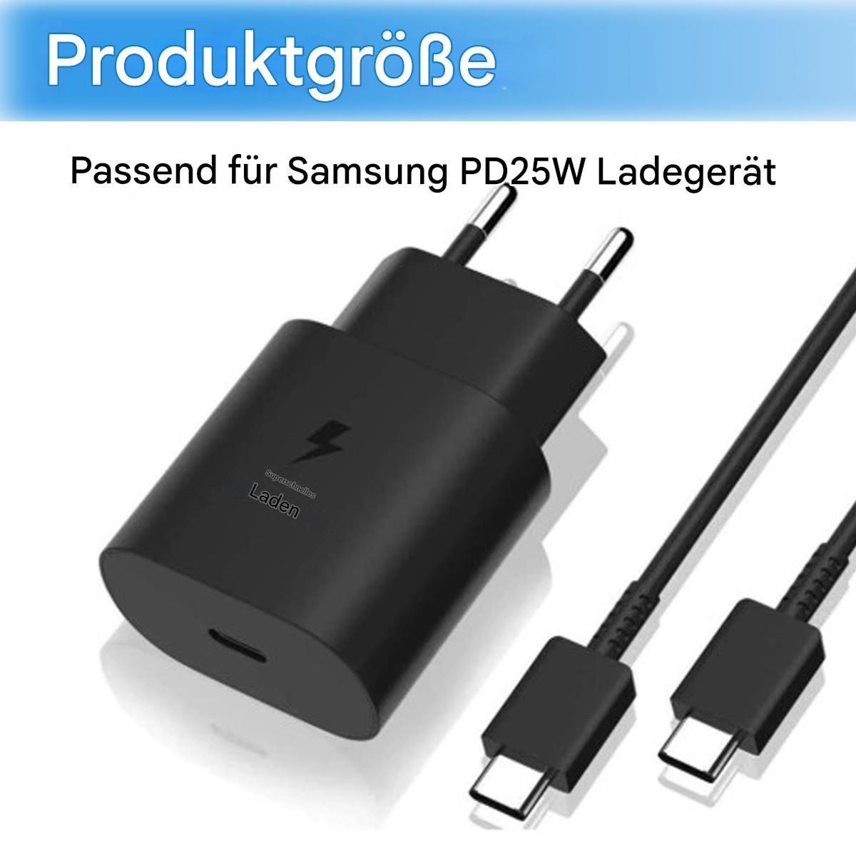 Schwarzes Telefonladegerät mit Ladekabel und Text, der besagt, dass es für Samsung PD25W-Ladegeräte geeignet ist.