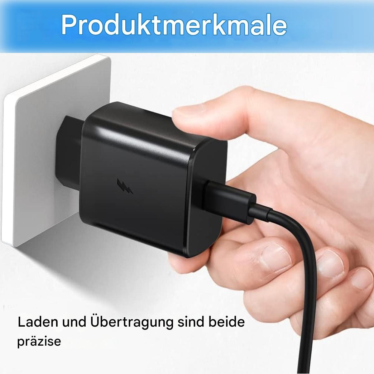 Ein schwarzes Ladegerät, das in eine Steckdose gesteckt ist. Text: Laden und Übertragung sind präzise.
