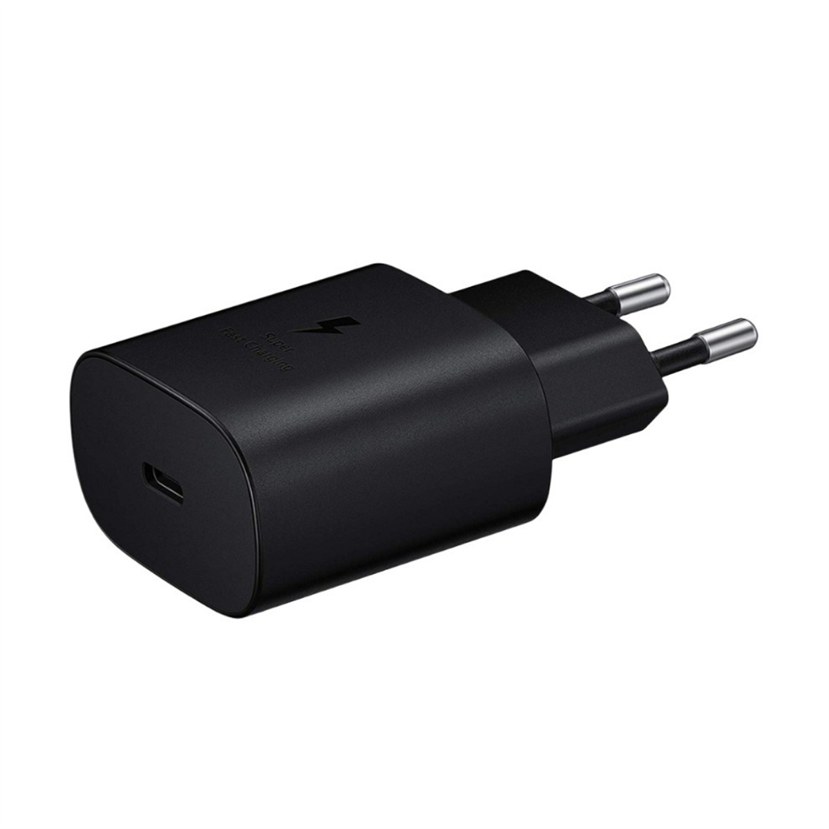 Schwarzes Telefonladegerät mit zwei Stiften. Es hat einen USB-C-Anschluss zum Aufladen.