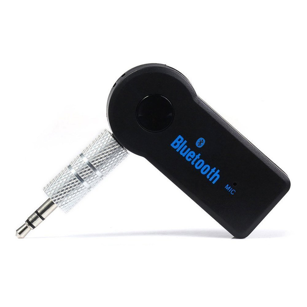 Ein schwarzer Bluetooth-Audioempfänger mit silberner Audiobuchse, abgewinkeltes Design.