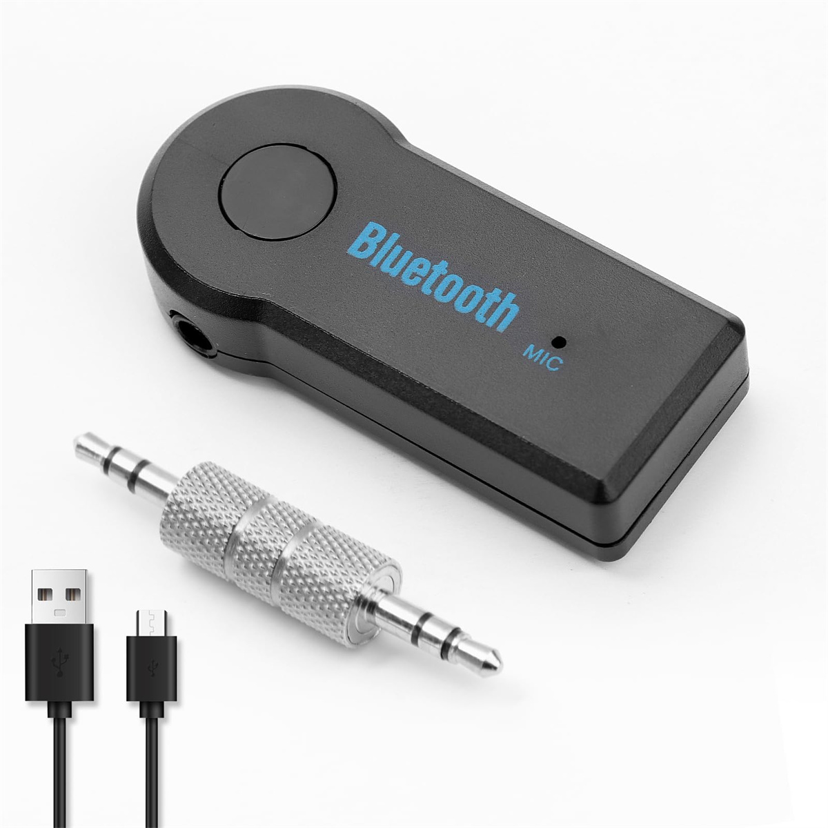 Ein schwarzes Bluetooth-Gerät mit Kabeln und einem Stecker. Text: Bluetooth, MIC.