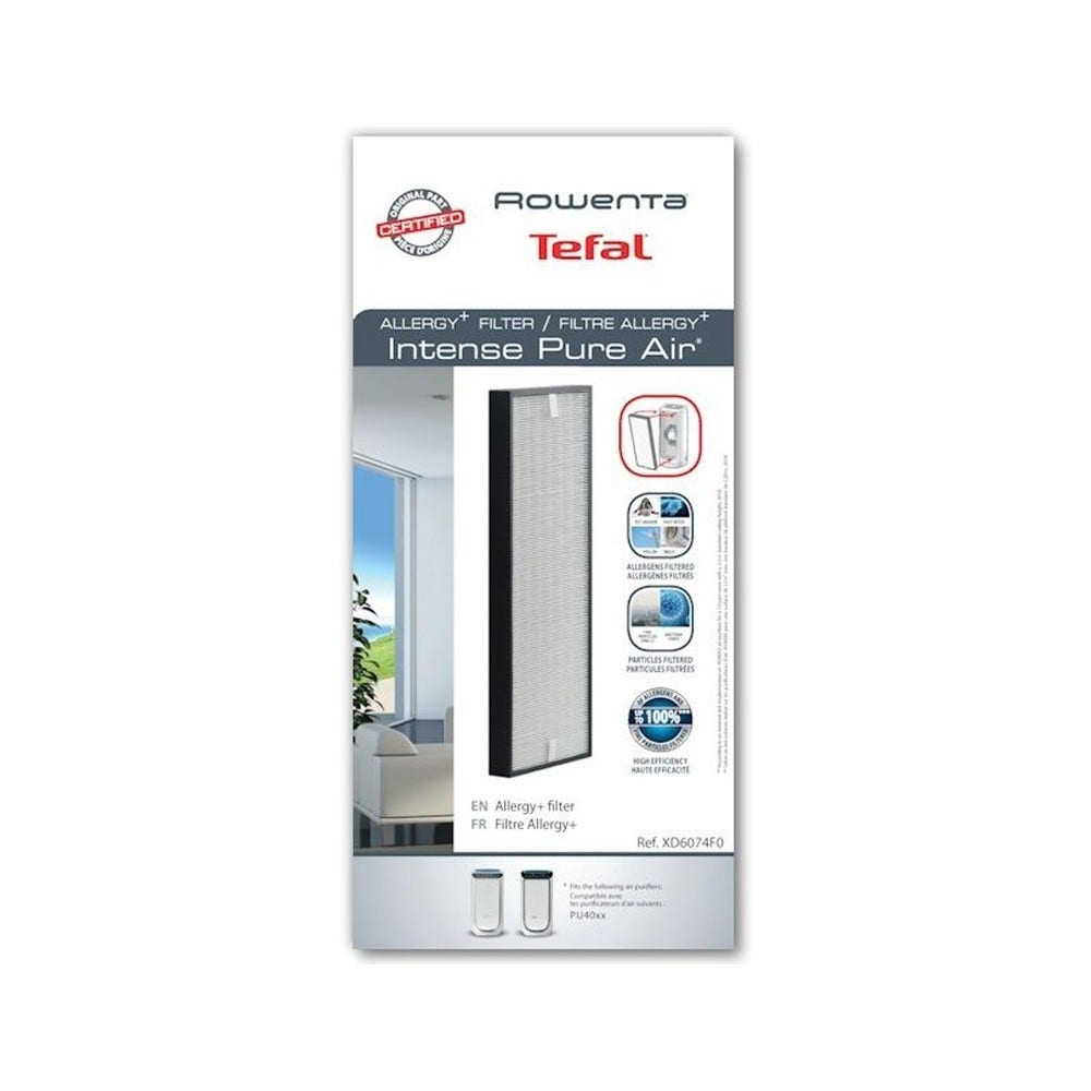 Ein rechteckiger Luftfilter in seiner Verpackung. Text: Allergy+ Filter, Intense Pure Air. Marke: Rowenta Tefal.