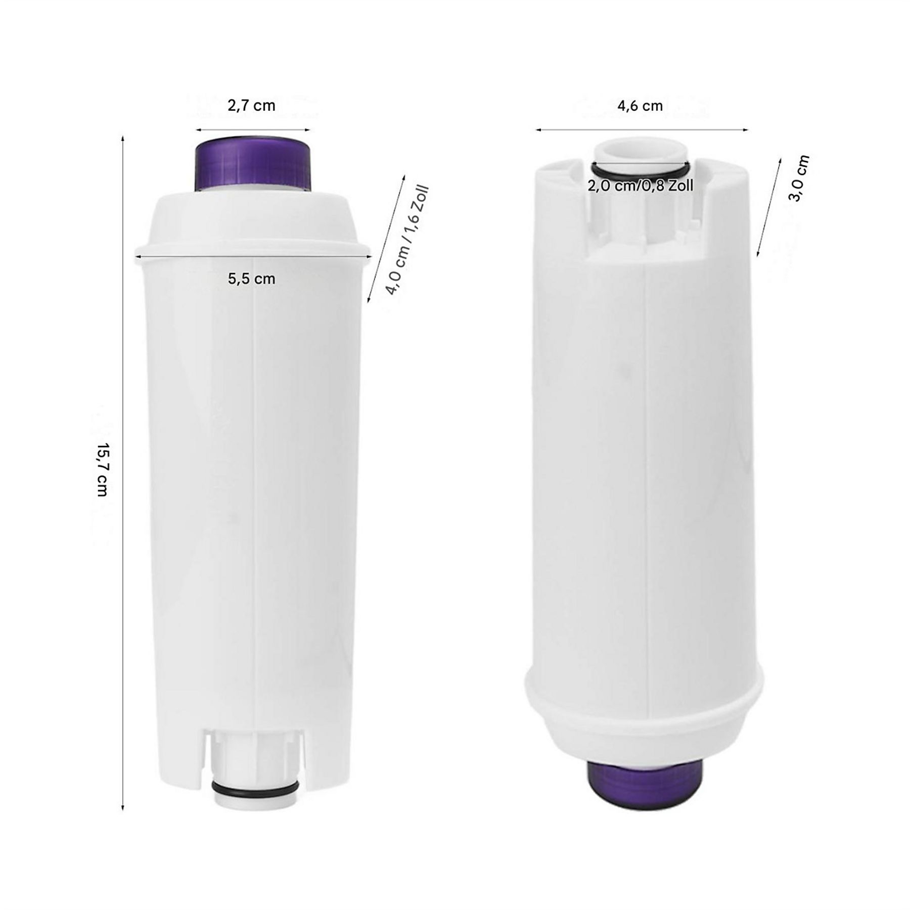 Zwei weiße Wasserfilter mit lila Deckeln, Abmessungen in cm und Zoll beschriftet.