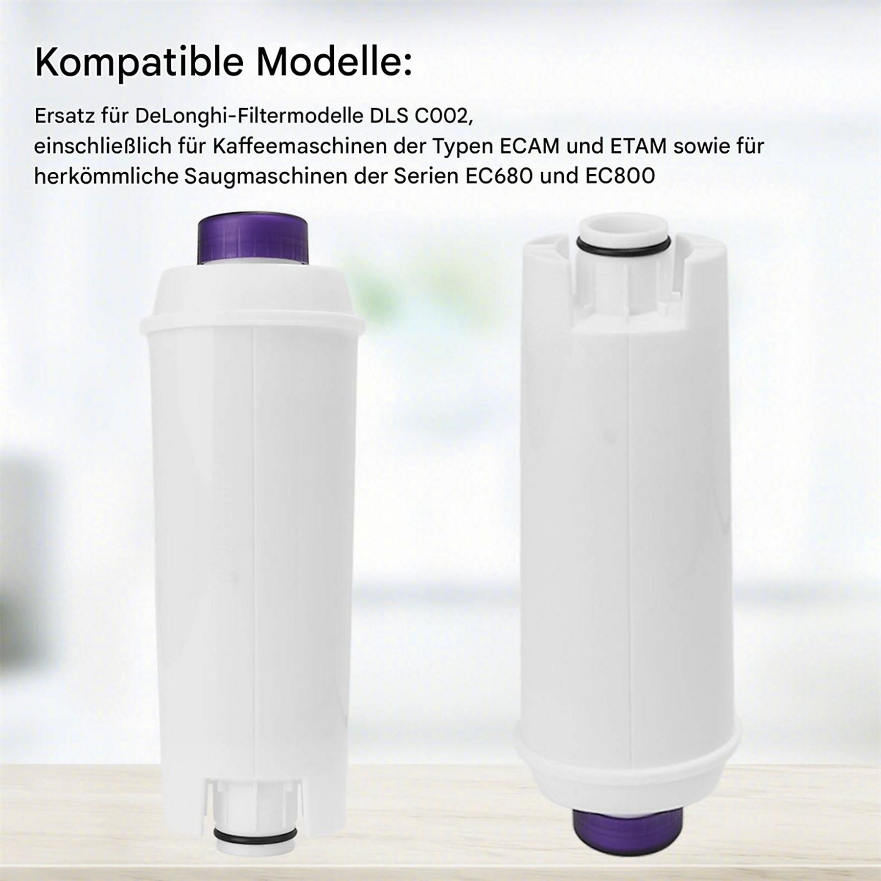 Zwei weiße Wasserfilter mit lila Deckeln, Text über kompatible Modelle für Kaffeemaschinen.
