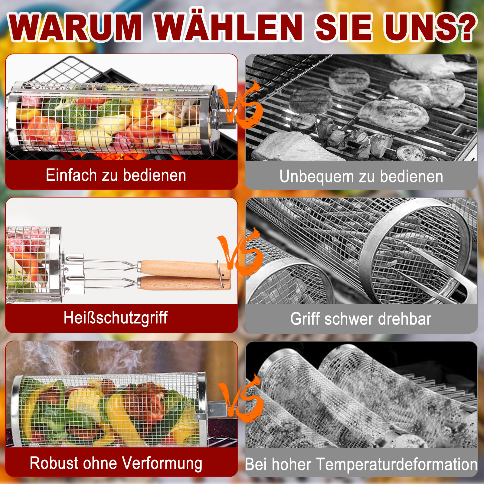 Bild vergleicht Grillkorb-Vorteile, hervorhebung der Benutzerfreundlichkeit, Hitzeschutz und Robustheit.