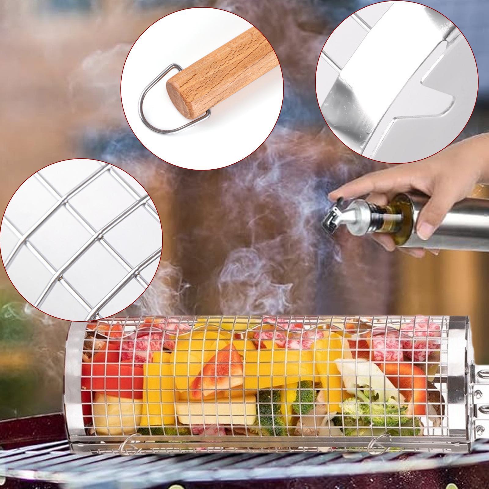 Nahaufnahme des Grillkorbs mit Gemüse, Ölspray und einer Hand, die den Holzgriff hält.