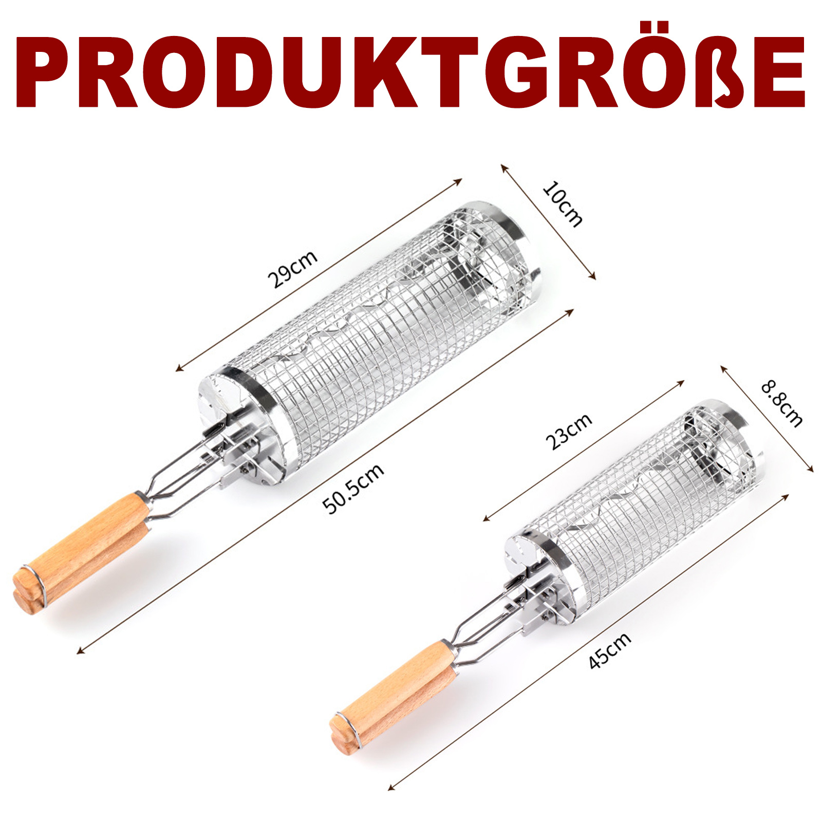 Zwei Grillkörbe mit Abmessungen werden gezeigt. Sie haben Holzgriffe und sind aus Edelstahl.