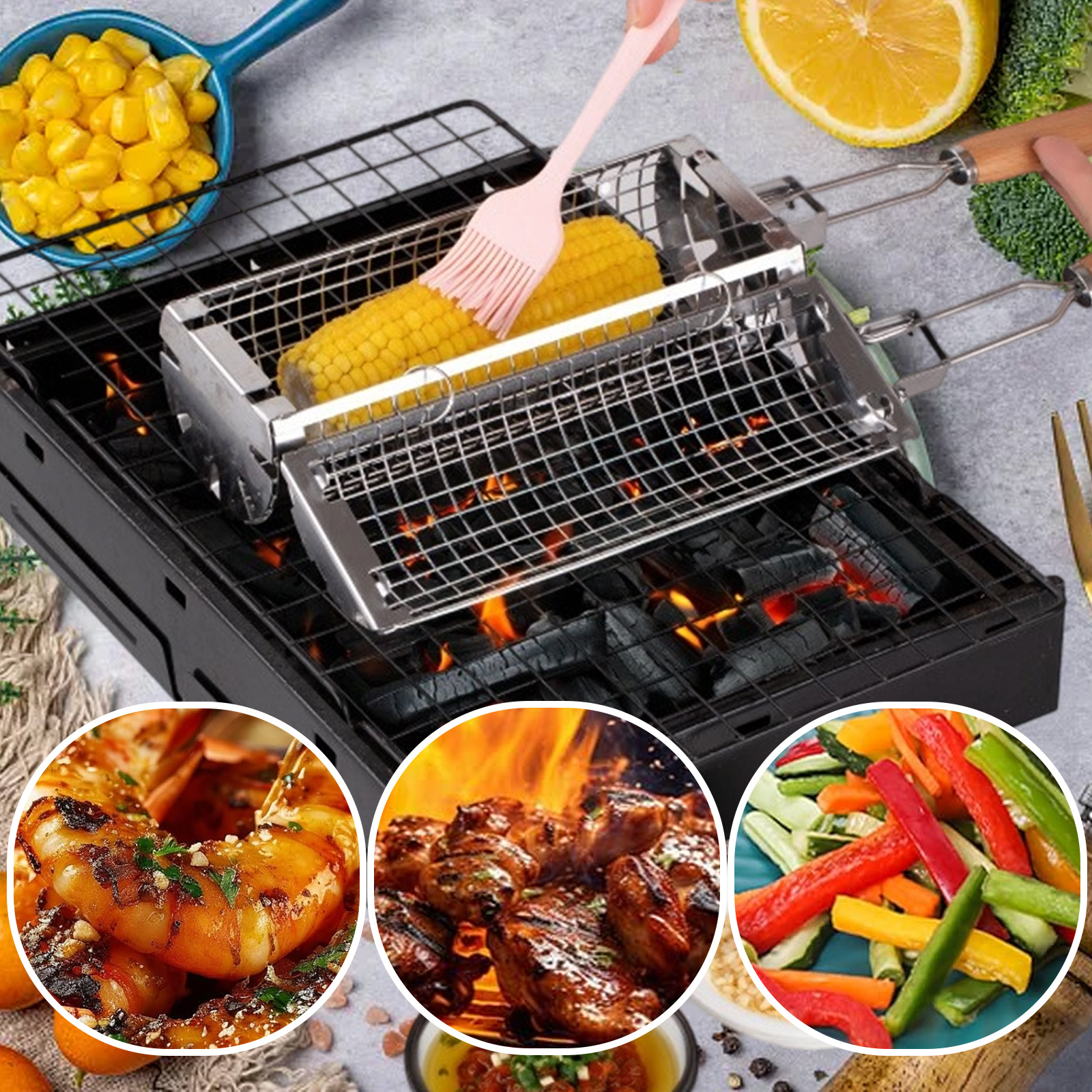 Grillszene mit Mais und Gemüse in Grillkörben auf einem Holzkohlegrill, mit anderem Grillgut.