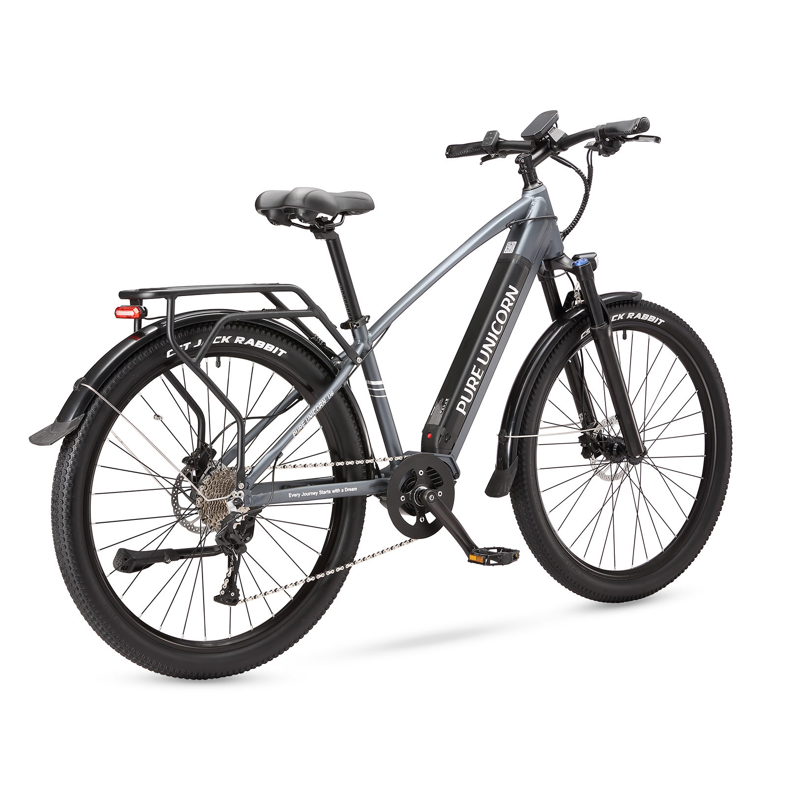 Una bici elettrica grigia su sfondo bianco. Ha pneumatici neri e un portapacchi nero. La bici è angolata.