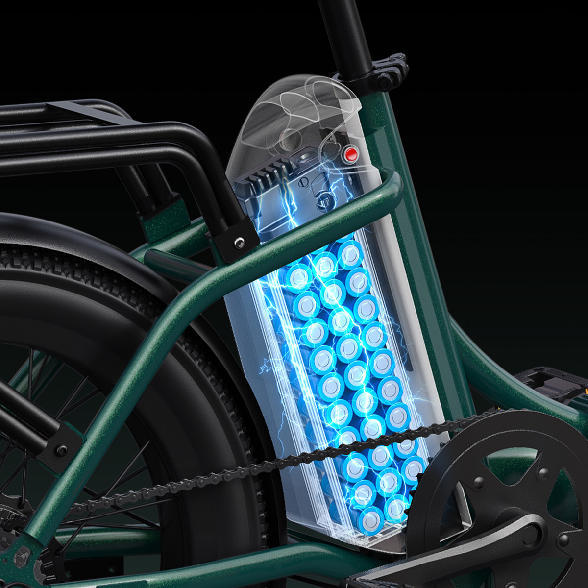 Rower elektryczny z przezroczystym akumulatorem. Rama jest ciemnozielona. Tło jest czarne.